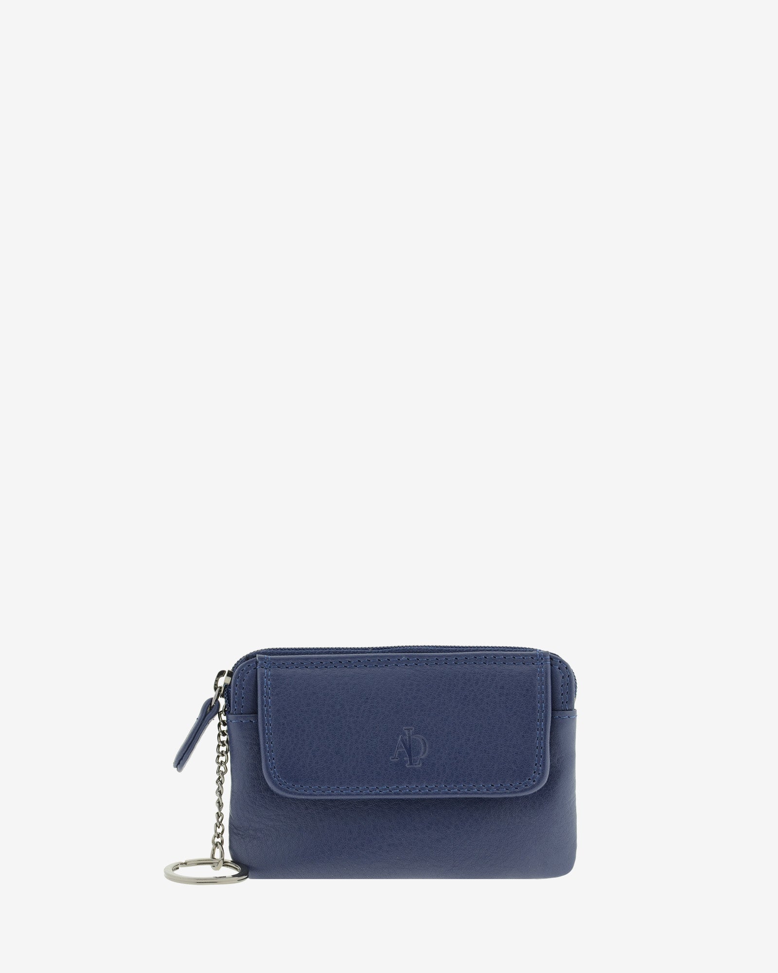 Monedero fino 8078 en color marino, vista frontal con solapa y anilla para llaves.