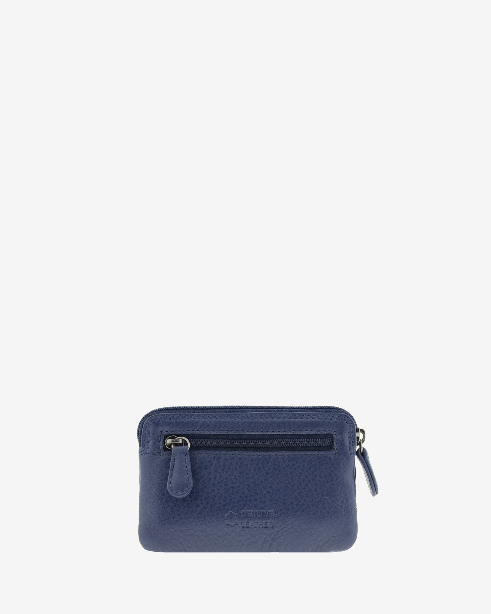 Monedero fino 8078 en color marino, vista posterior con bolsillo exterior de cremallera.