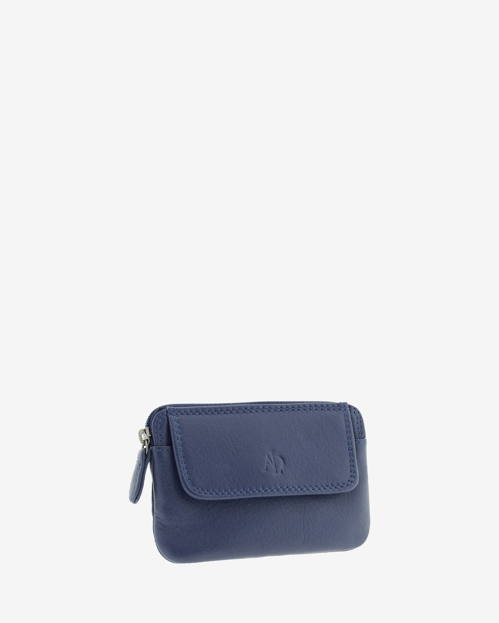 Monedero fino 8078 en color marino, vista tres cuartos frontal con solapa exterior.