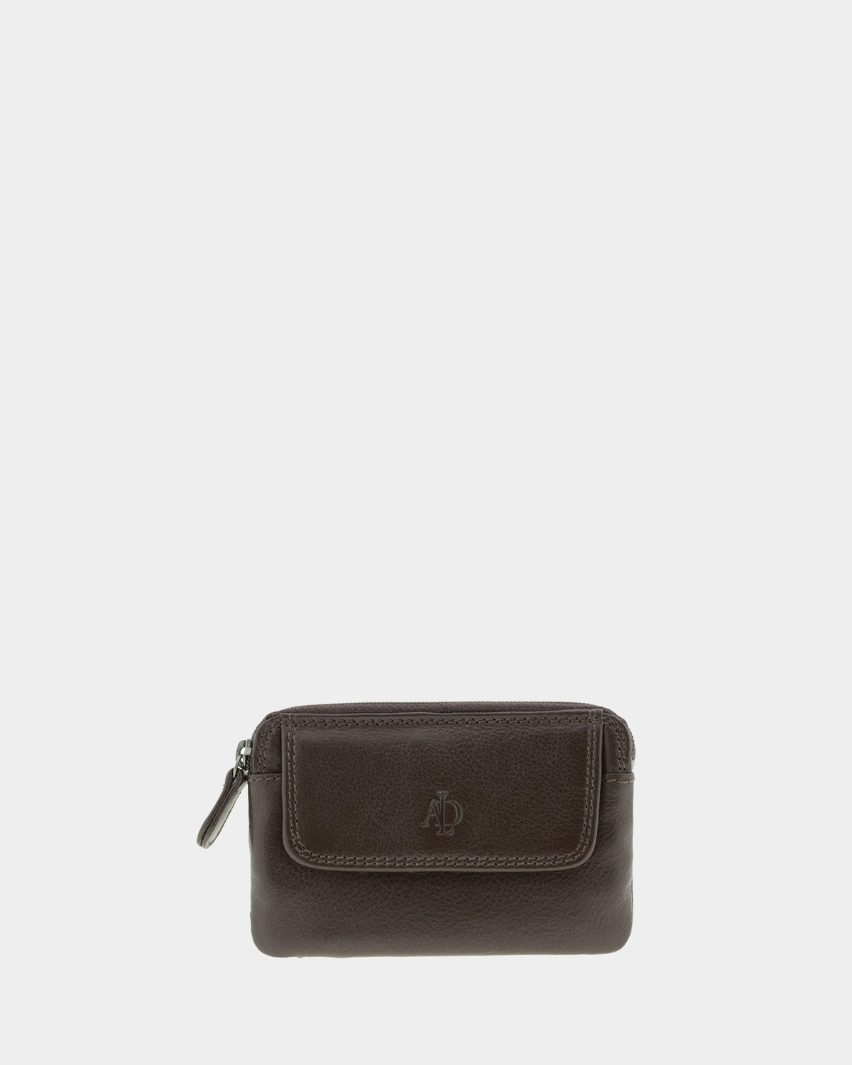 Monedero fino 8078 en color marrón, vista frontal con solapa exterior.