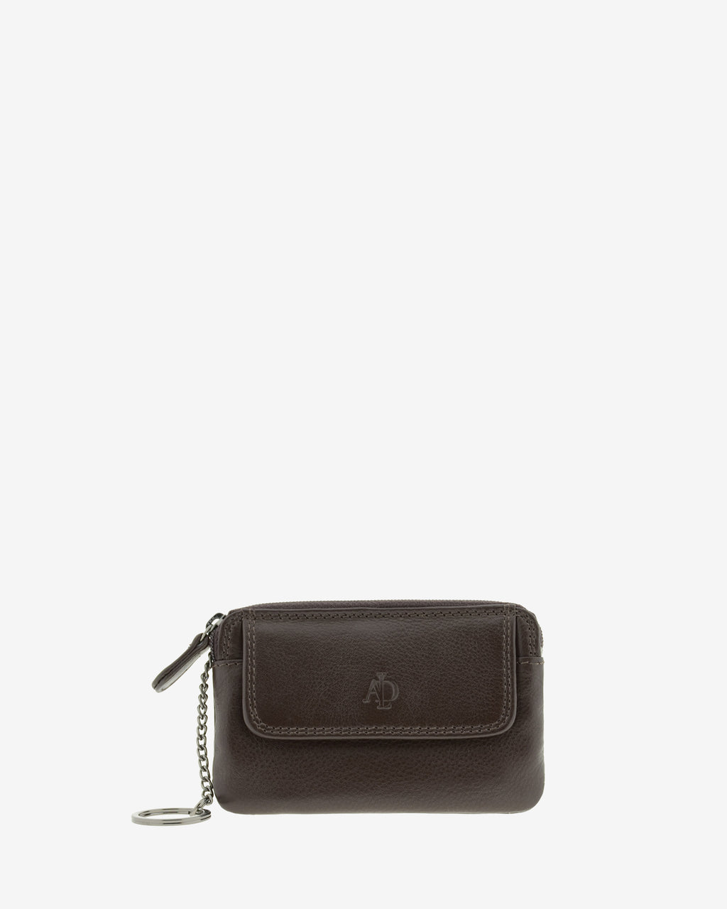 Monedero fino 8078 en color marrón, vista frontal con solapa y anilla para llaves.