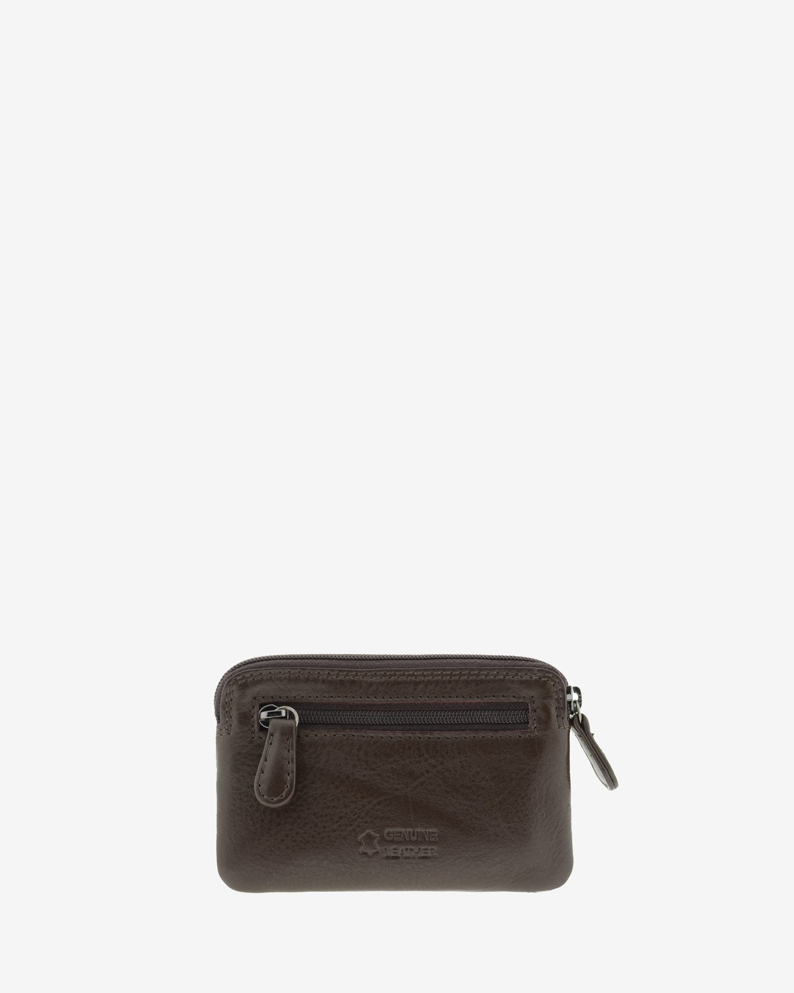 Monedero fino 8078 en color marrón, vista posterior con bolsillo exterior de cremallera.