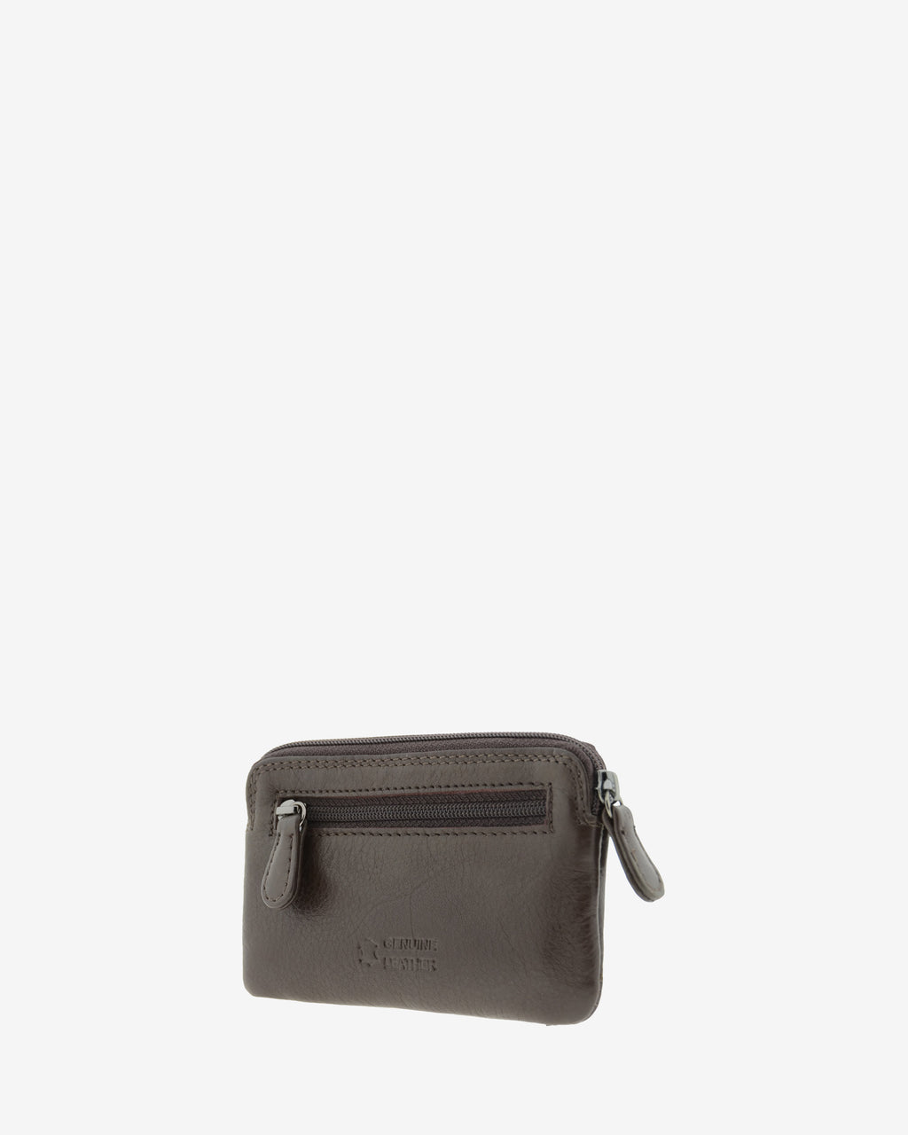 Monedero fino 8078 en color marrón, vista tres cuartos posterior con bolsillo exterior de cremallera.