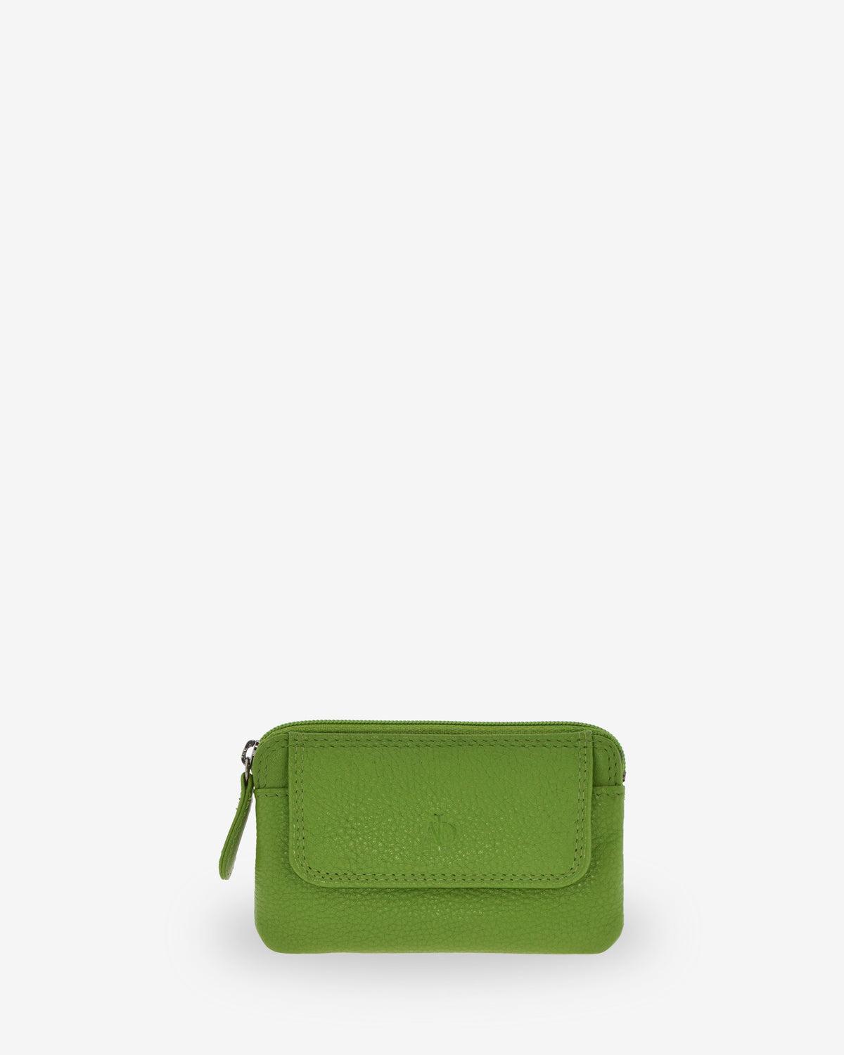 Monedero fino 8078 en color matcha, vista frontal con solapa exterior.
