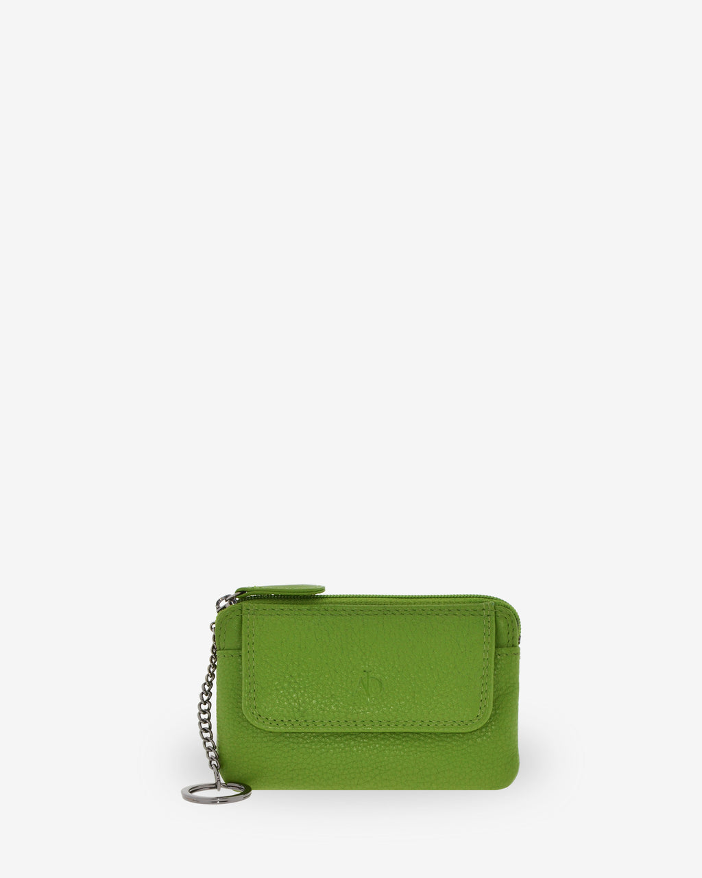 Monedero fino 8078 en color matcha, vista frontal con solapa y anilla para llaves.