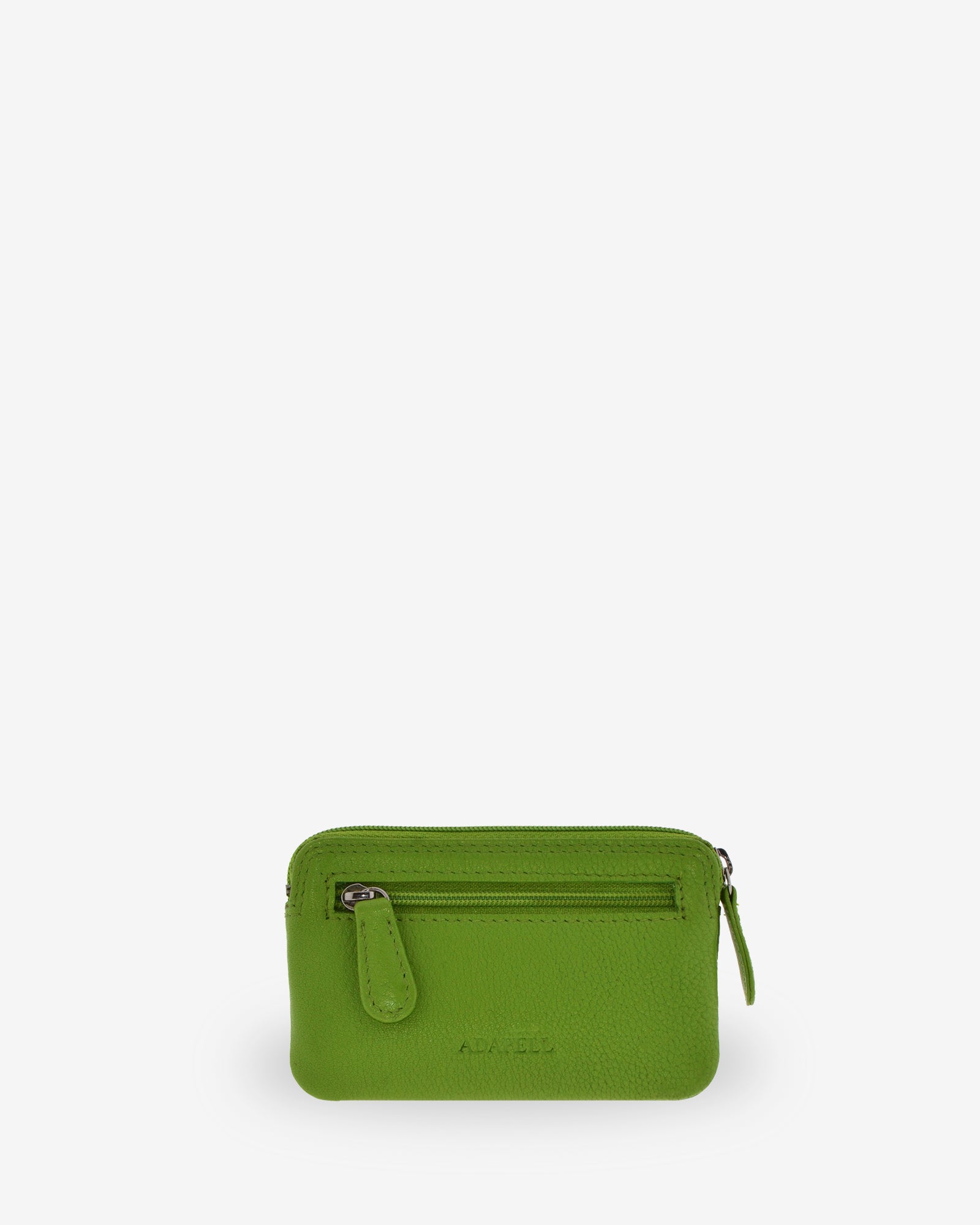 Monedero fino 8078 en color matcha, vista posterior con bolsillo exterior de cremallera.