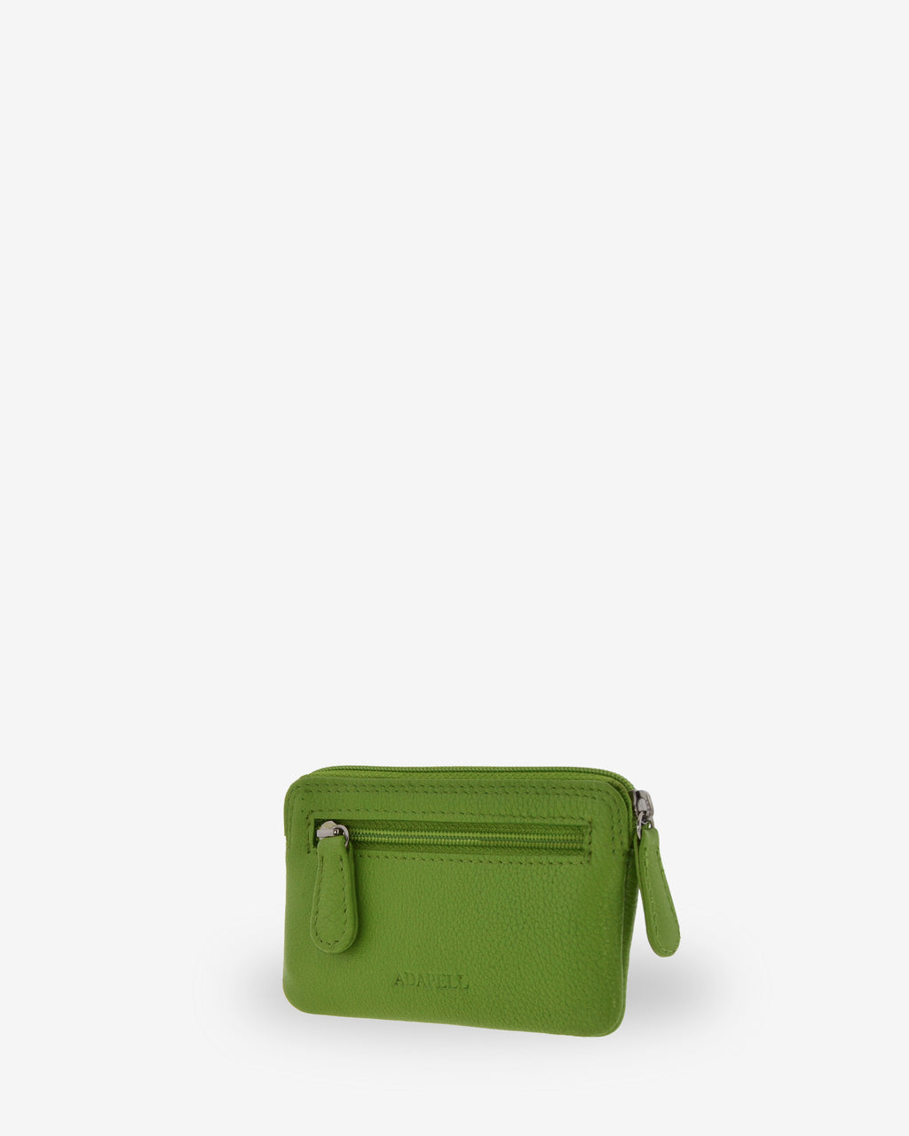 Monedero fino 8078 en color matcha, vista tres cuartos posterior con bolsillo exterior de cremallera.