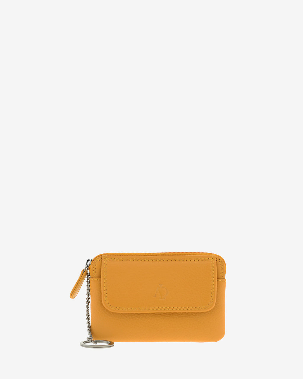 Monedero fino 8078 en color mostaza, vista frontal con solapa y anilla para llaves.