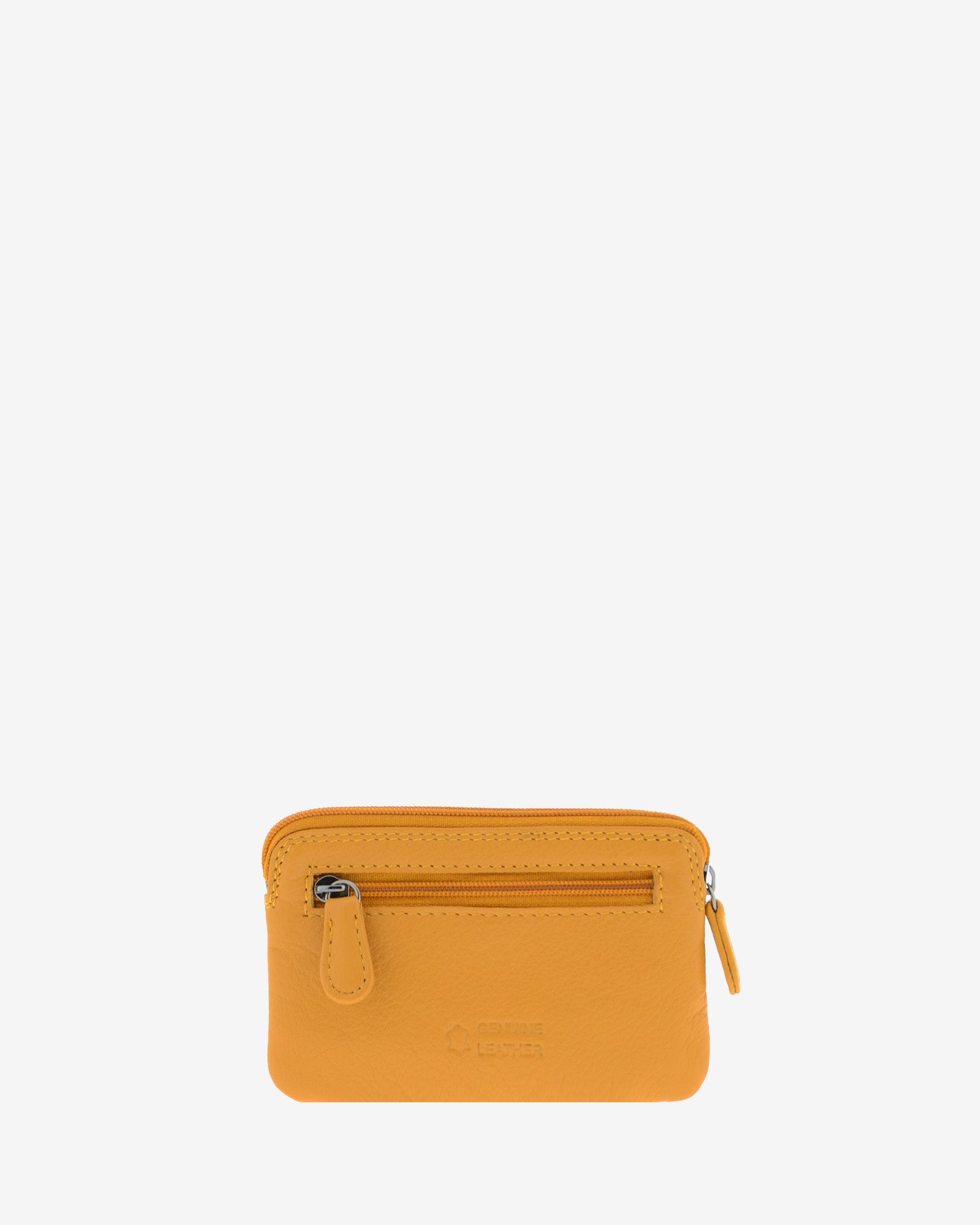 Monedero fino 8078 en color mostaza, vista posterior con bolsillo exterior de cremallera.