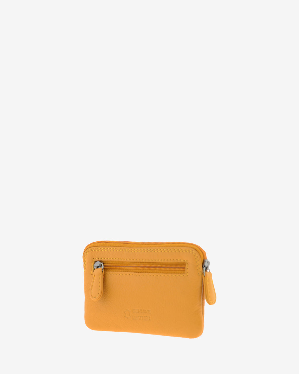 Monedero fino 8078 en color mostaza, vista tres cuartos posterior con bolsillo exterior de cremallera.