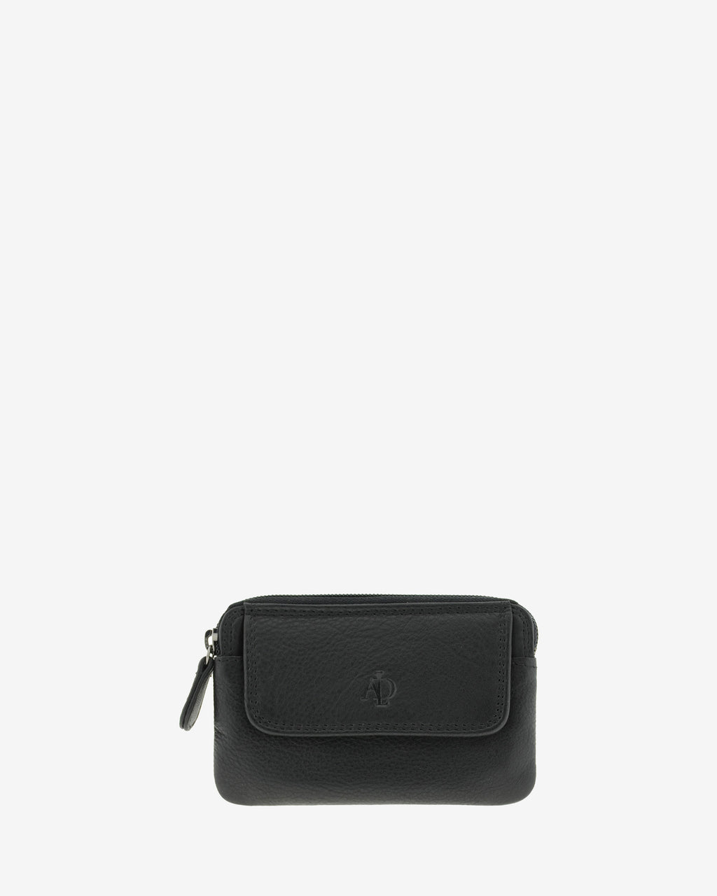Monedero fino 8078 en color negro, vista frontal con solapa exterior.