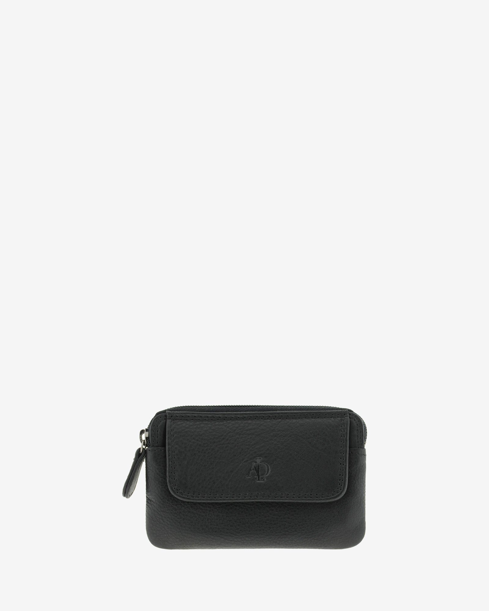 Monedero fino 8078 en color negro, vista frontal con solapa exterior.
