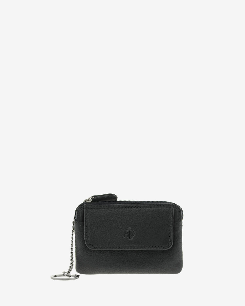 Monedero fino 8078 en color negro, vista frontal con solapa y anilla para llaves.