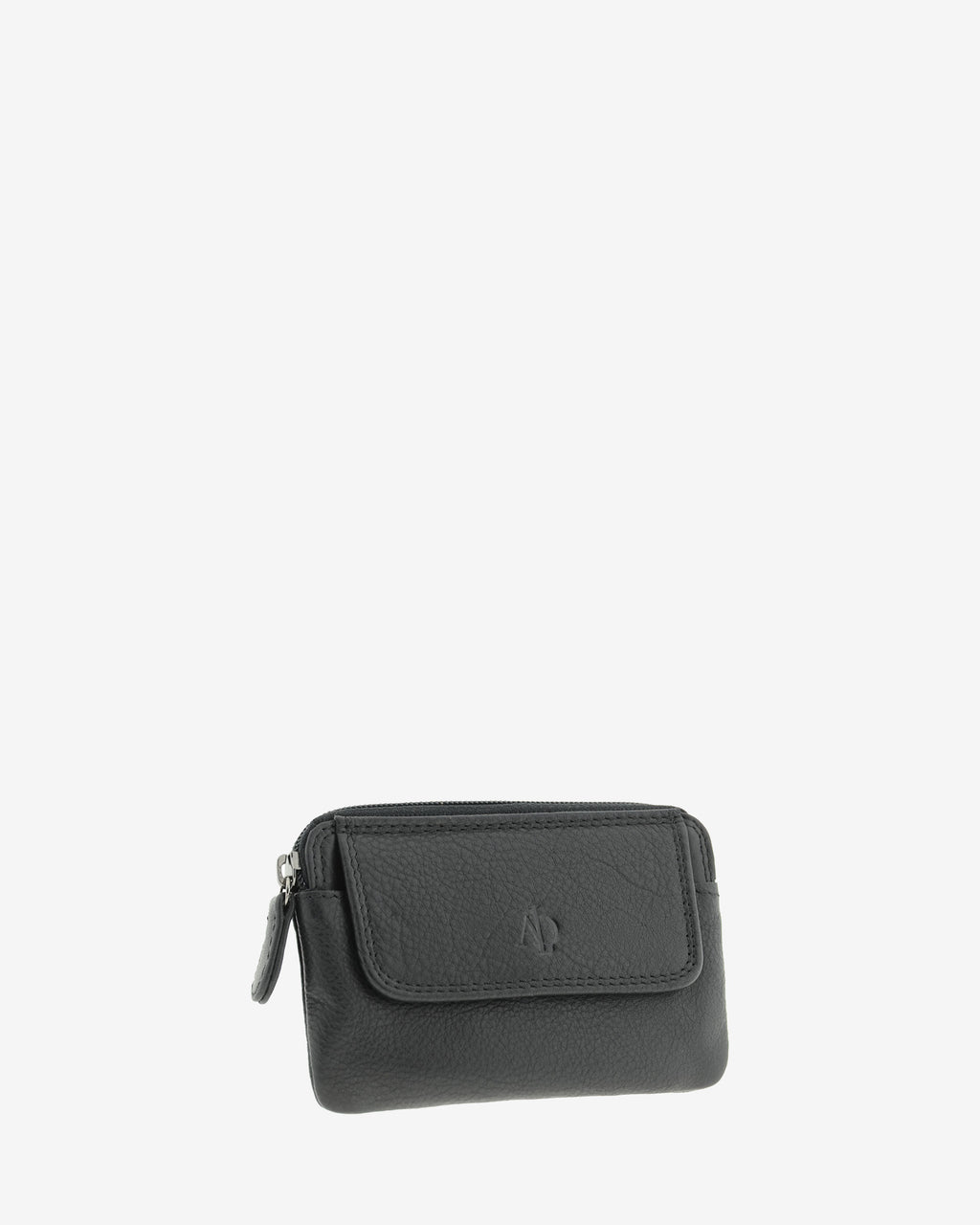 Monedero fino 8078 en color negro, vista tres cuartos frontal con solapa exterior.