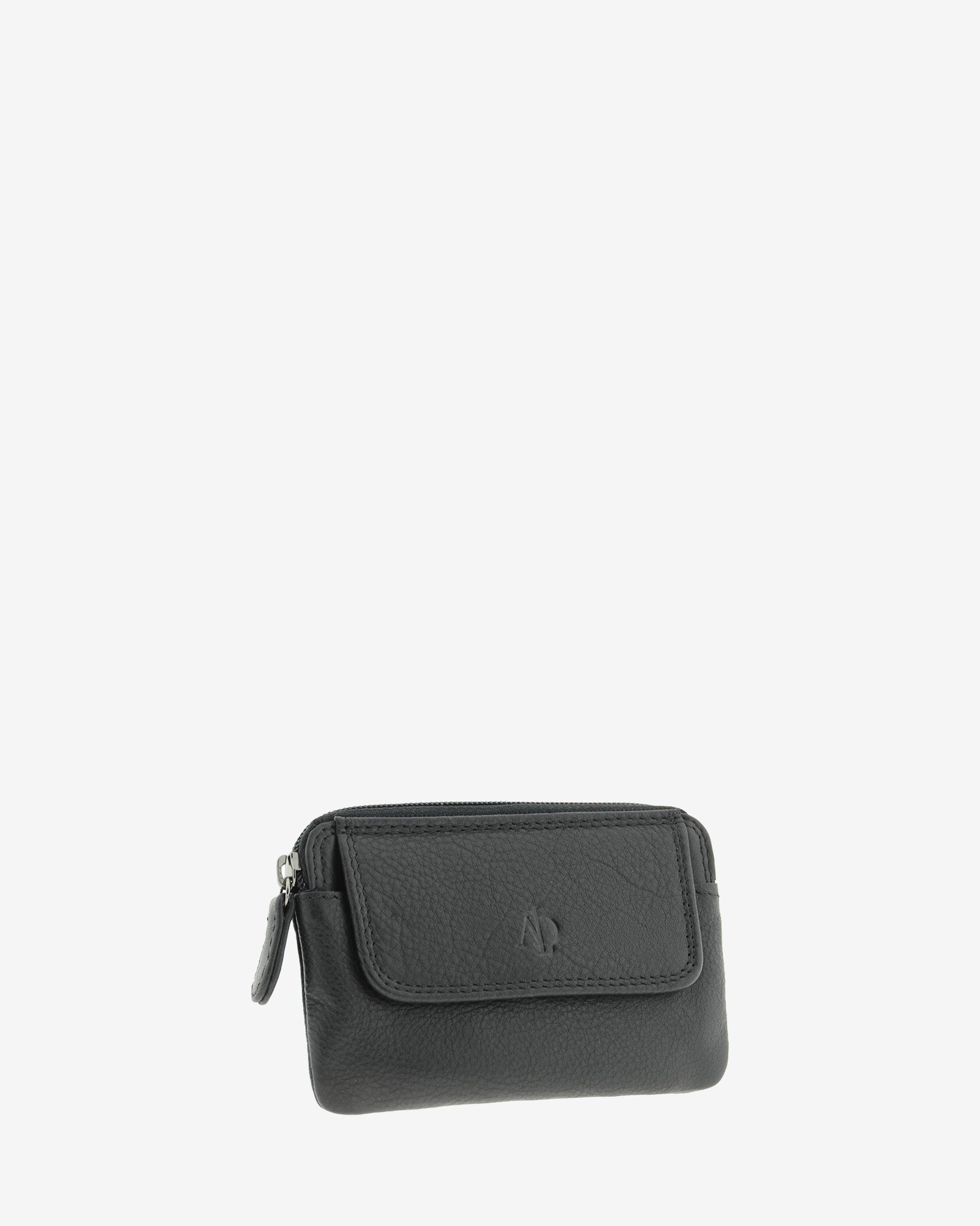 Monedero fino 8078 en color negro, vista tres cuartos frontal con solapa exterior.
