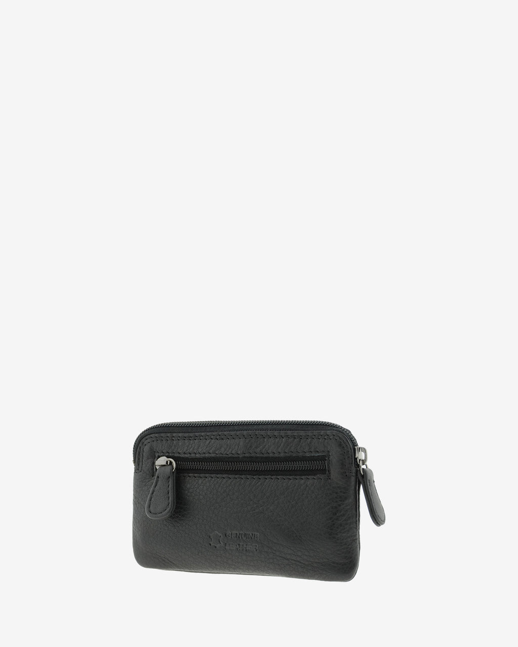 Monedero fino 8078 en color negro, vista tres cuartos posterior con bolsillo exterior de cremallera.