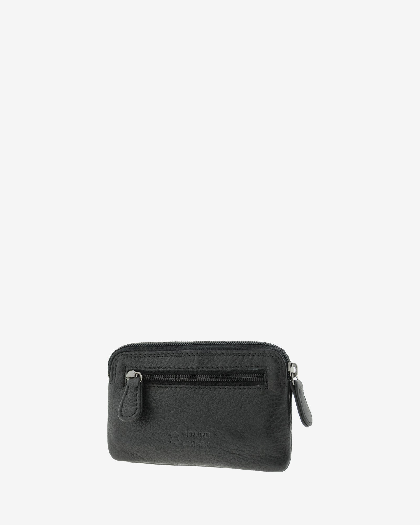 Monedero fino 8078 en color negro, vista tres cuartos posterior con bolsillo exterior de cremallera.