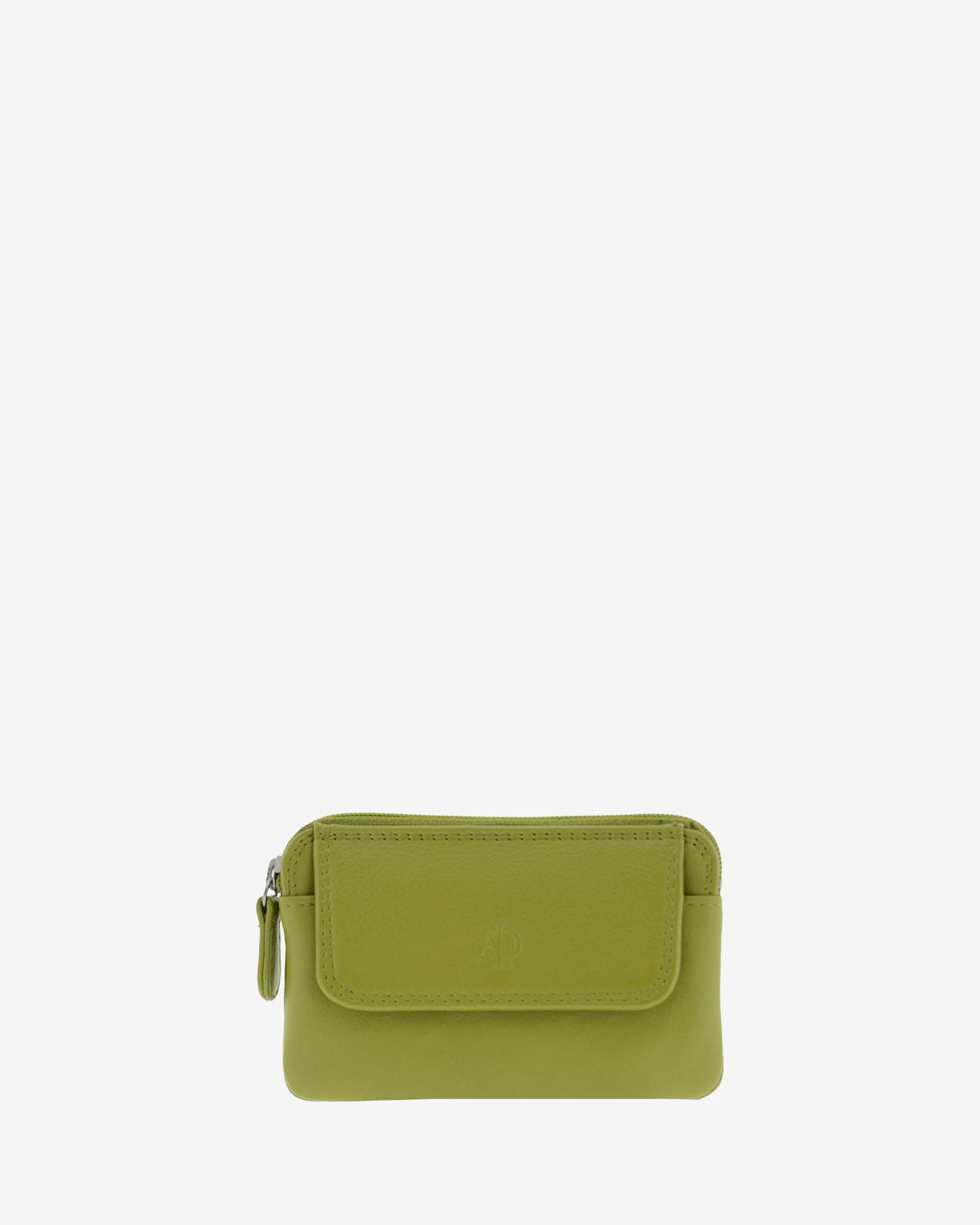 Monedero fino 8078 en color oliva, vista frontal con solapa exterior.