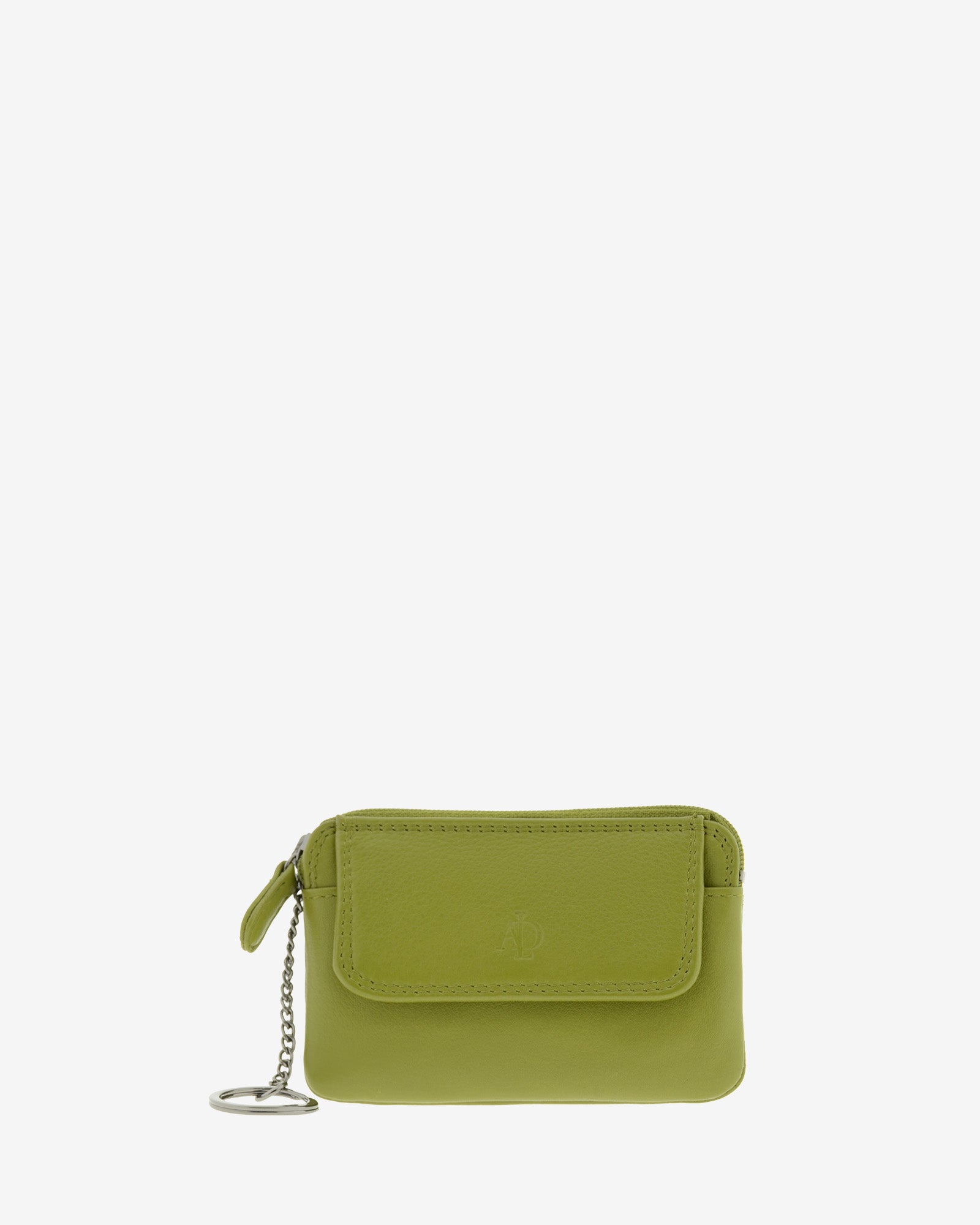 Monedero fino 8078 en color oliva, vista frontal con solapa y anilla para llaves.