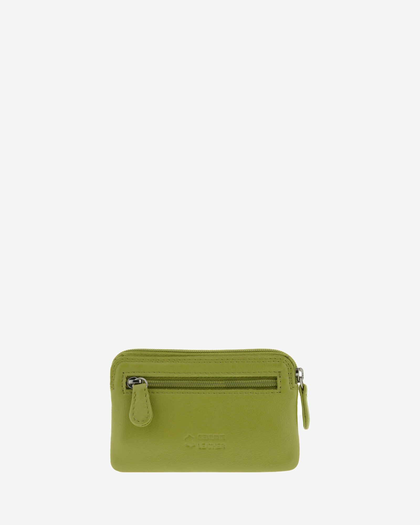 Monedero fino 8078 en color oliva, vista posterior con bolsillo exterior de cremallera.