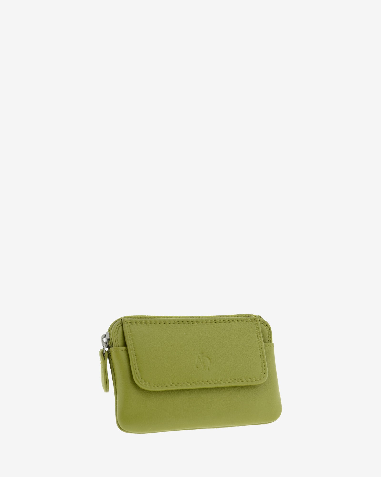 Monedero fino 8078 en color oliva, vista tres cuartos frontal con solapa exterior.