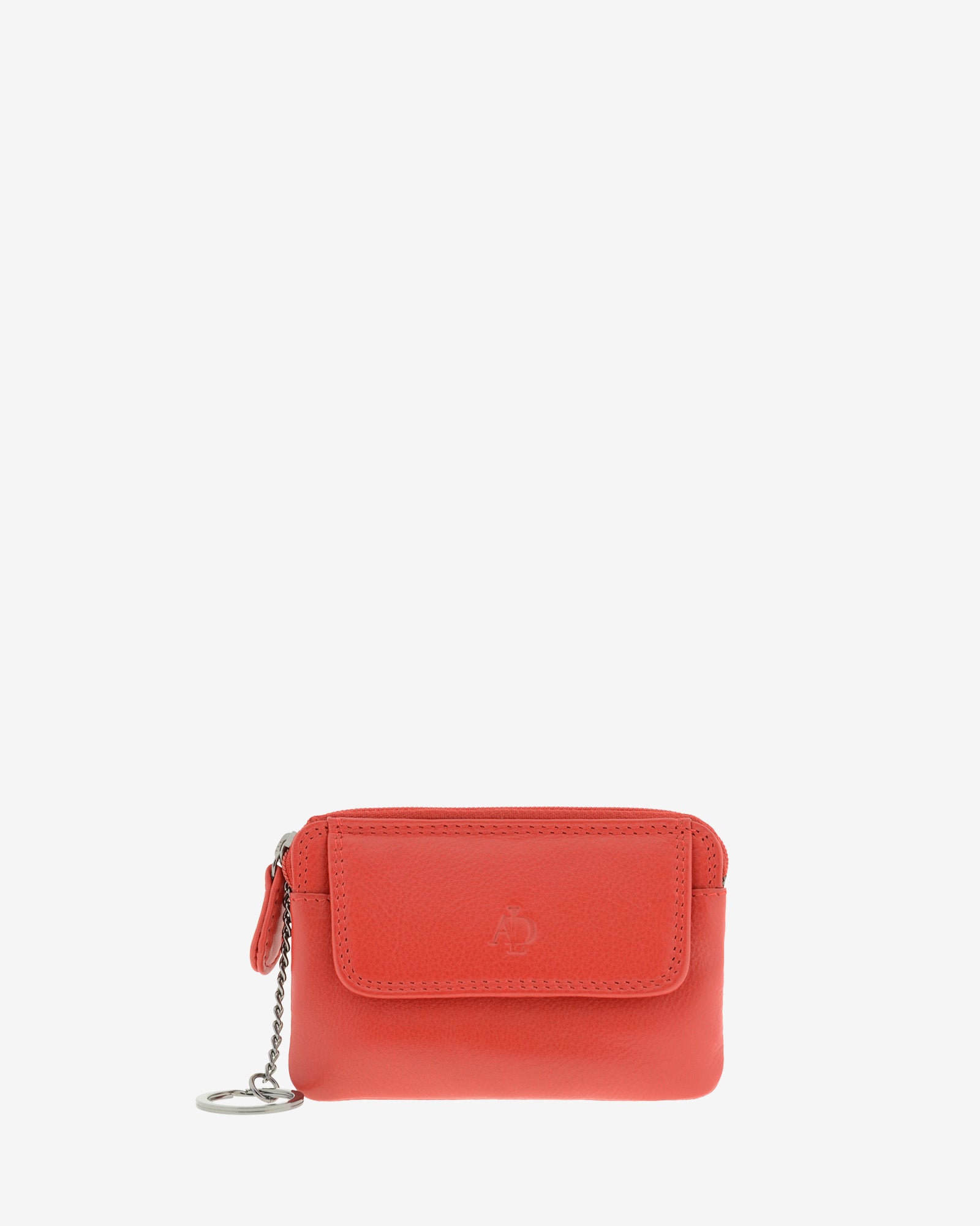 Monedero fino 8078 en color rojo, vista frontal con solapa y anilla para llaves.