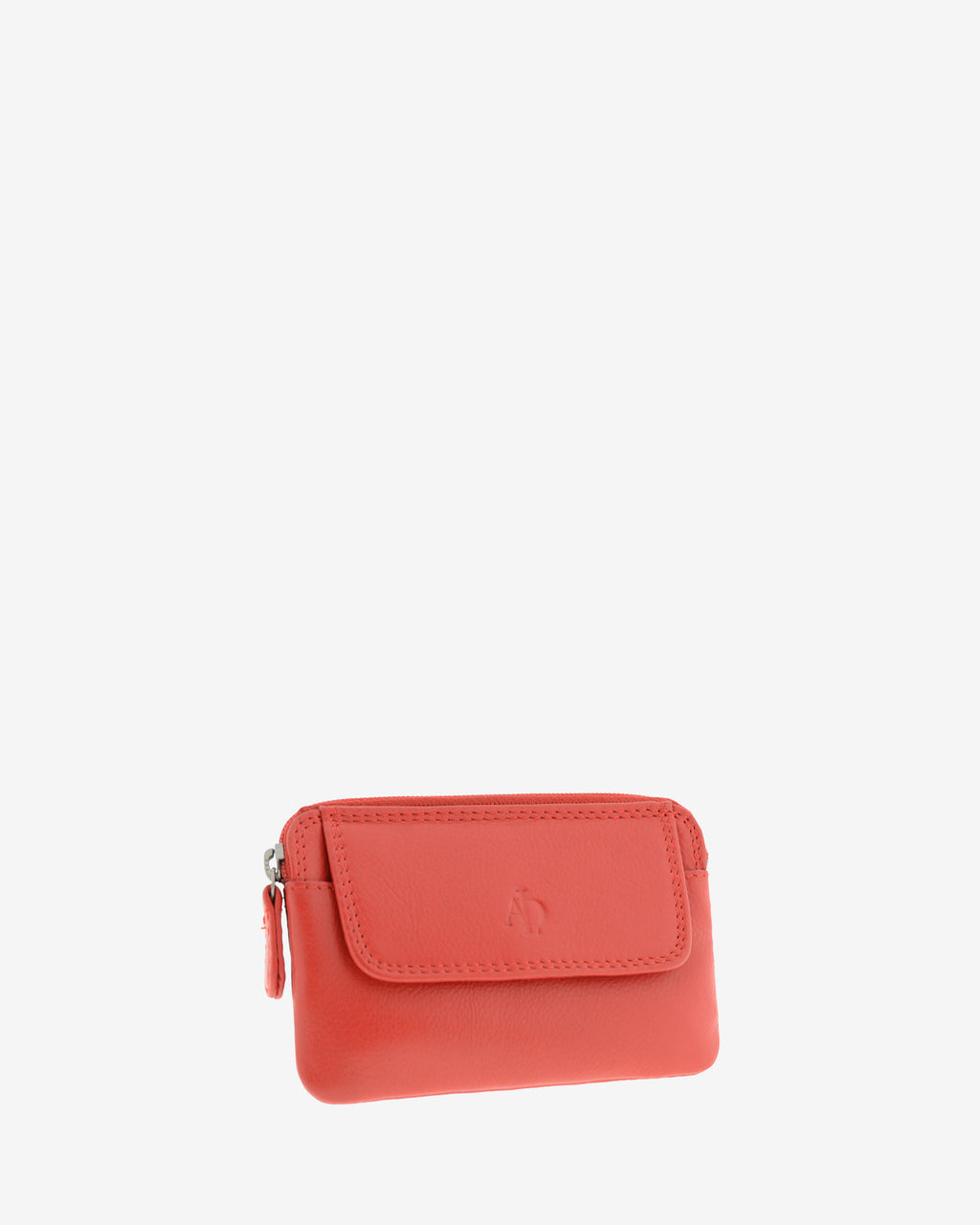 Monedero fino 8078 en color rojo, vista tres cuartos frontal con solapa exterior.