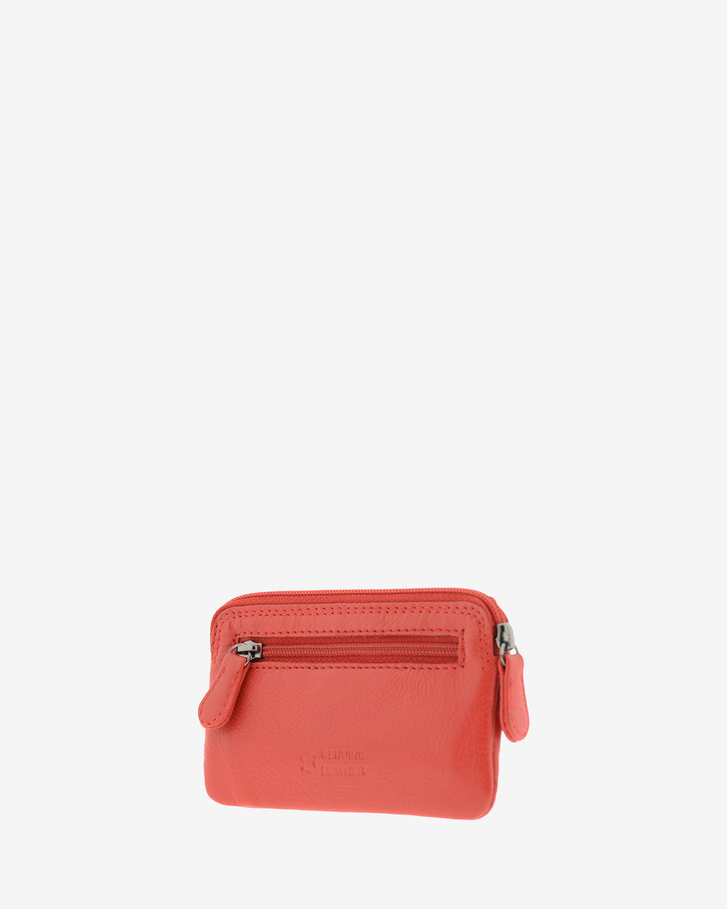 Monedero fino 8078 en color rojo, vista tres cuartos posterior con bolsillo exterior de cremallera.