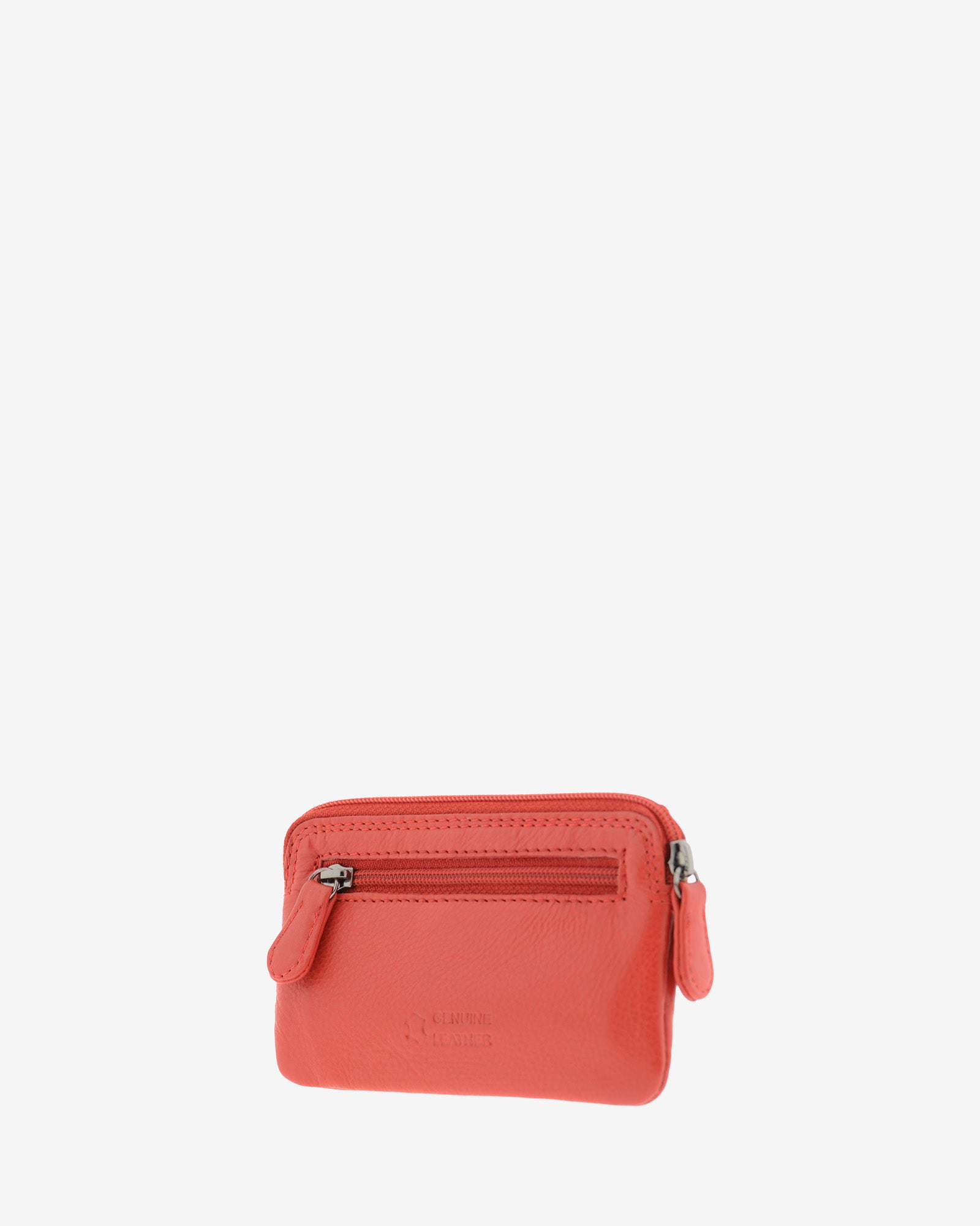Monedero fino 8078 en color rojo, vista tres cuartos posterior con bolsillo exterior de cremallera.