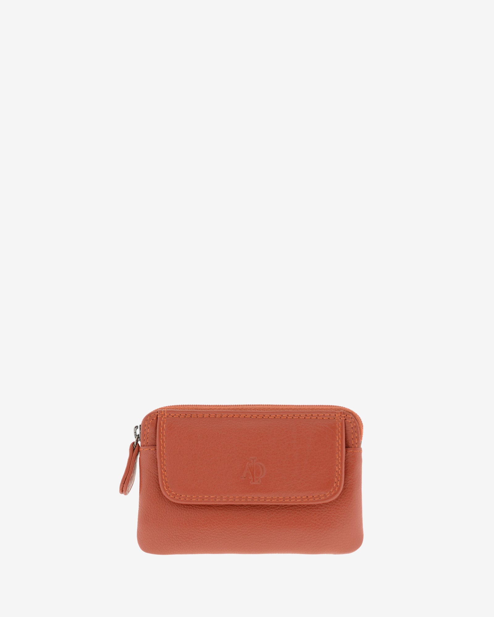 Monedero fino 8078 en color teja, vista frontal con solapa exterior.