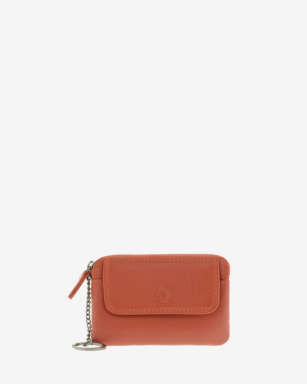 Monedero fino 8078 en color teja, vista frontal con solapa y anilla para llaves.