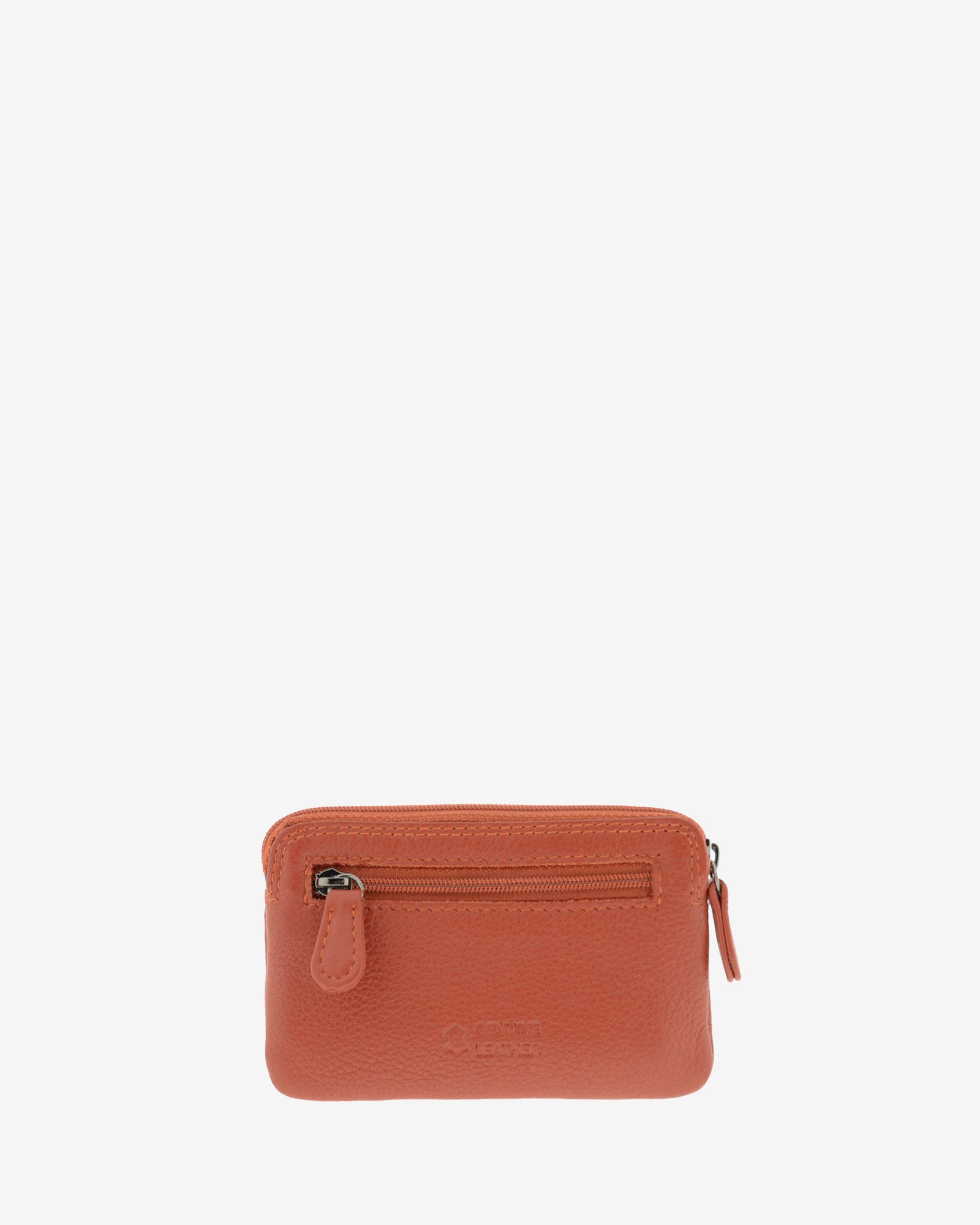 Monedero fino 8078 en color teja, vista posterior con bolsillo exterior de cremallera.