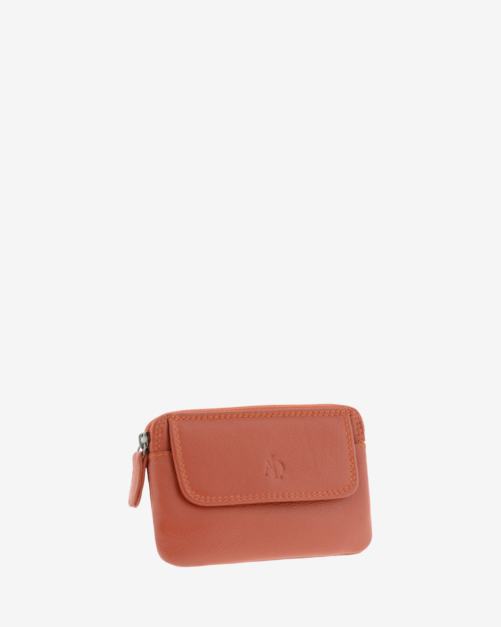 Monedero fino 8078 en color teja, vista tres cuartos frontal con solapa exterior.