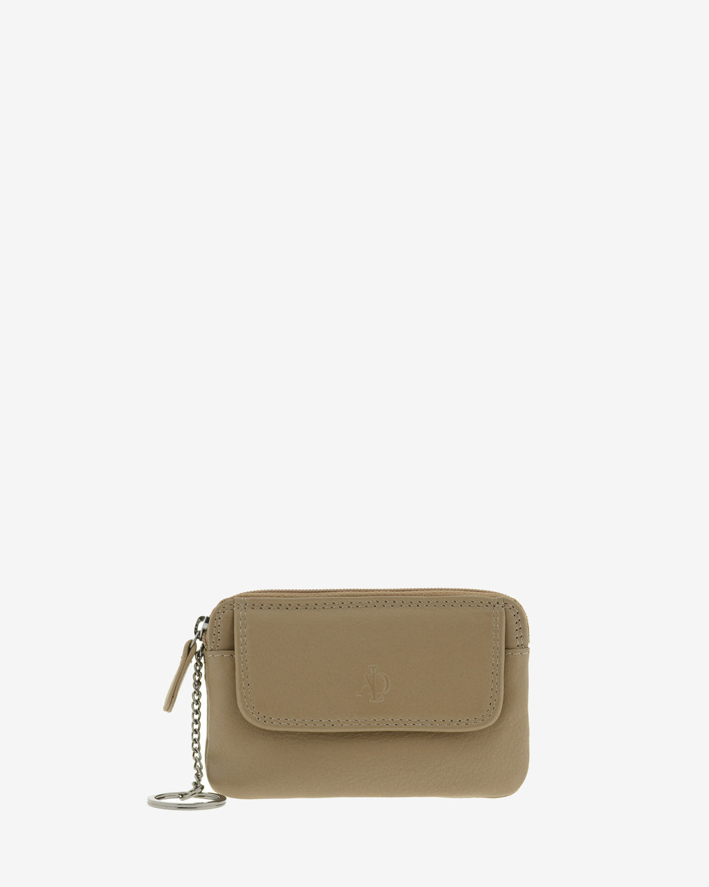 Monedero fino 8078 en color topo, vista frontal con solapa y anilla para llaves.