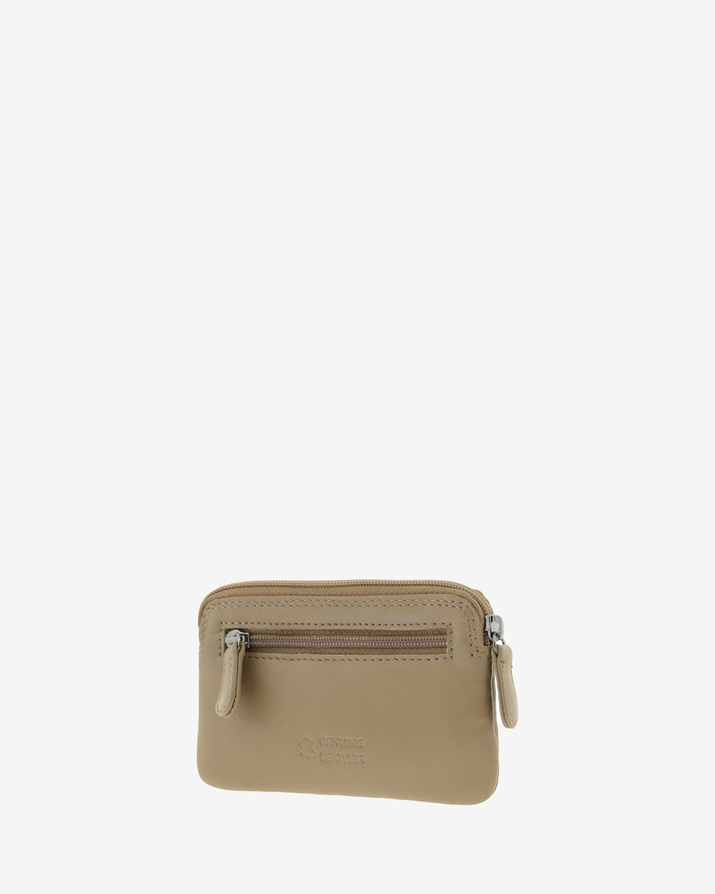 Monedero fino 8078 en color topo, vista tres cuartos posterior con bolsillo exterior de cremallera.