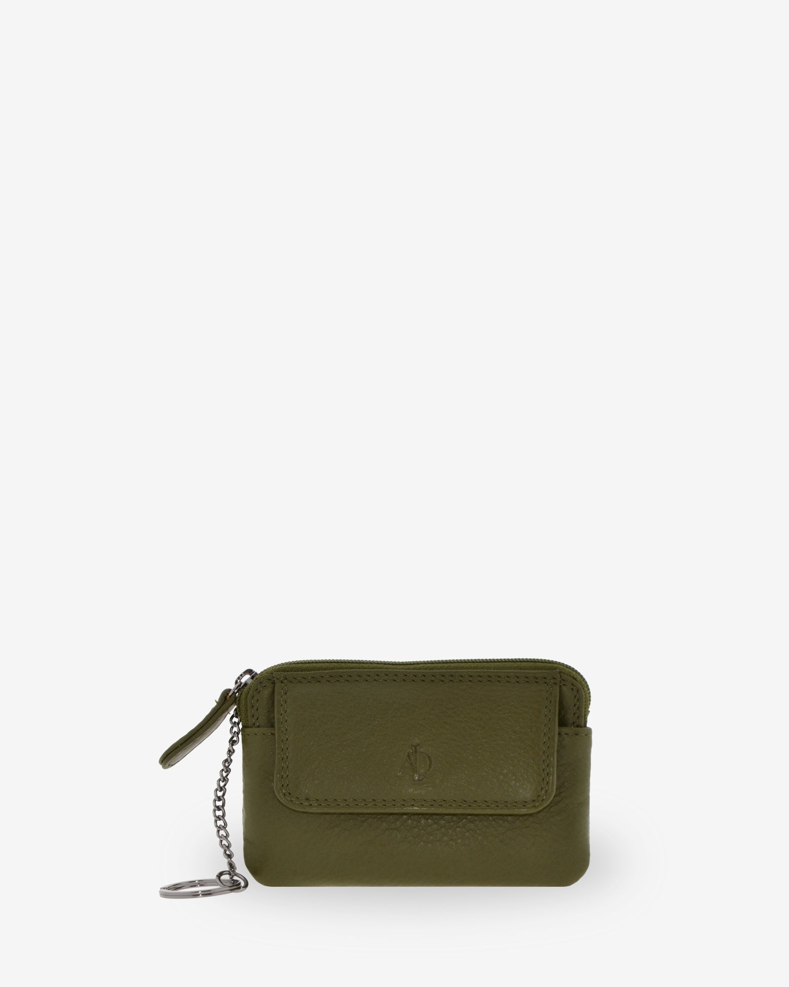 Monedero fino 8078 en color verde bosque, vista frontal con solapa y anilla para llaves.