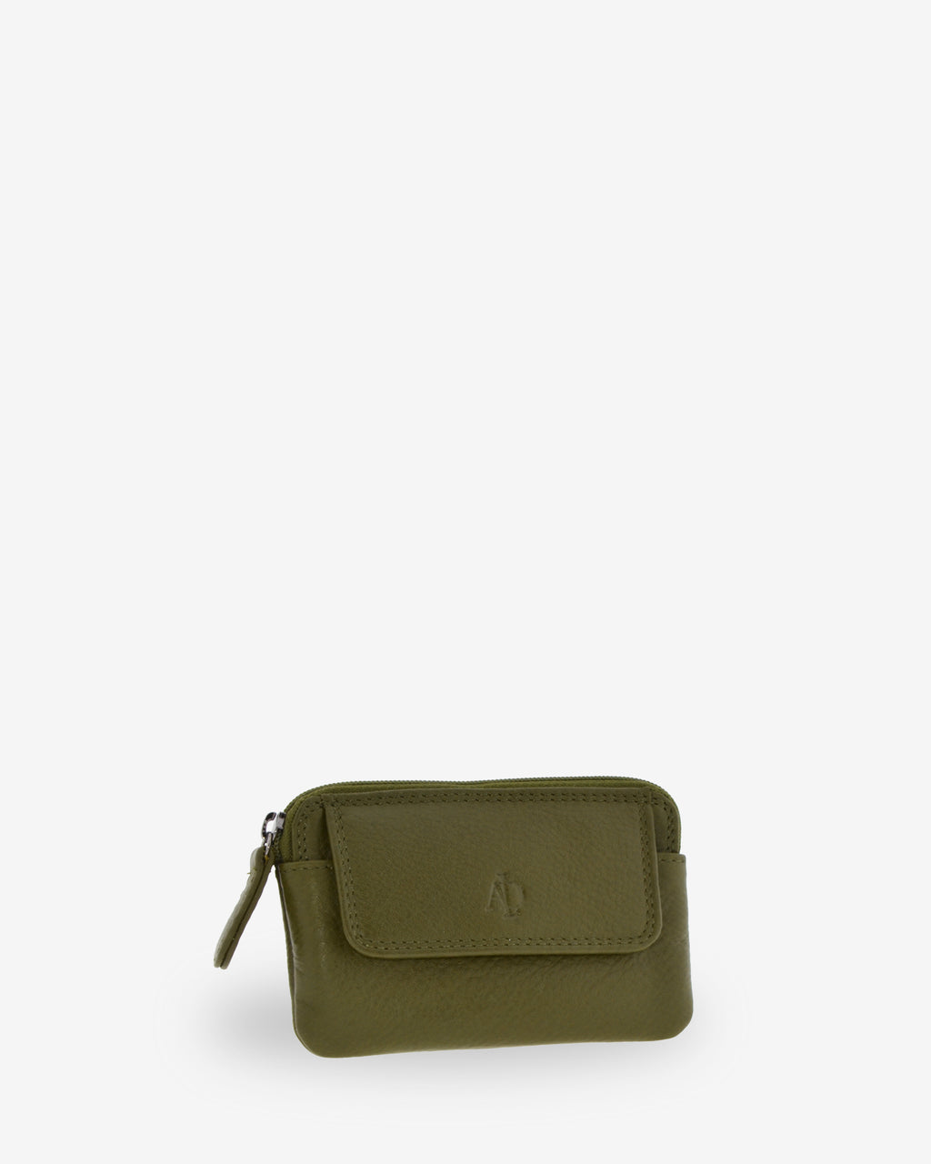Monedero fino 8078 en color verde bosque, vista tres cuartos frontal con solapa exterior.