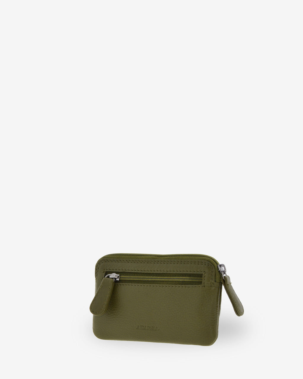 Monedero fino 8078 en color verde bosque, vista tres cuartos posterior con bolsillo exterior de cremallera.