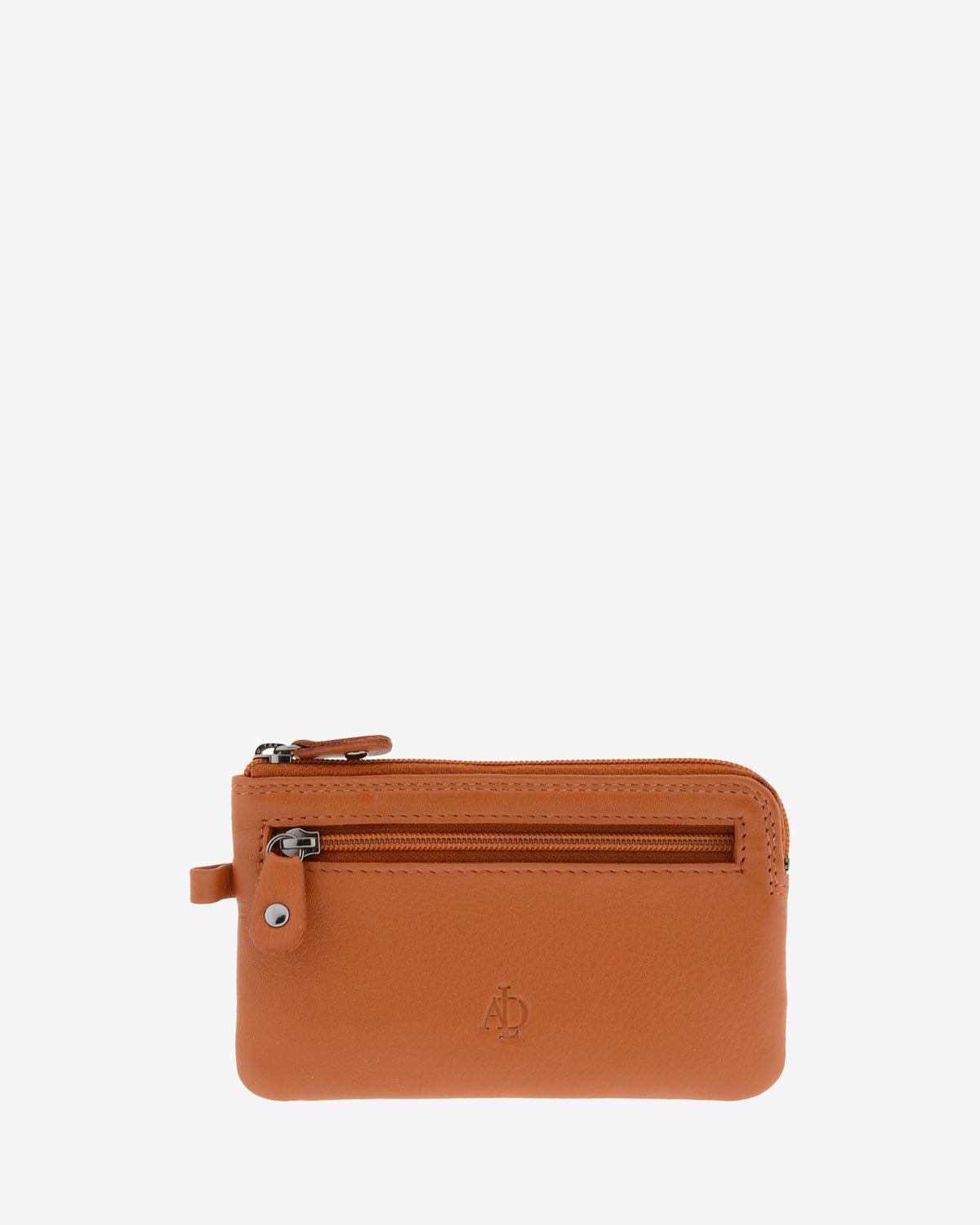 Monedero fino 8079 en color cuero, vista frontal con bolsillo exterior de cremallera.