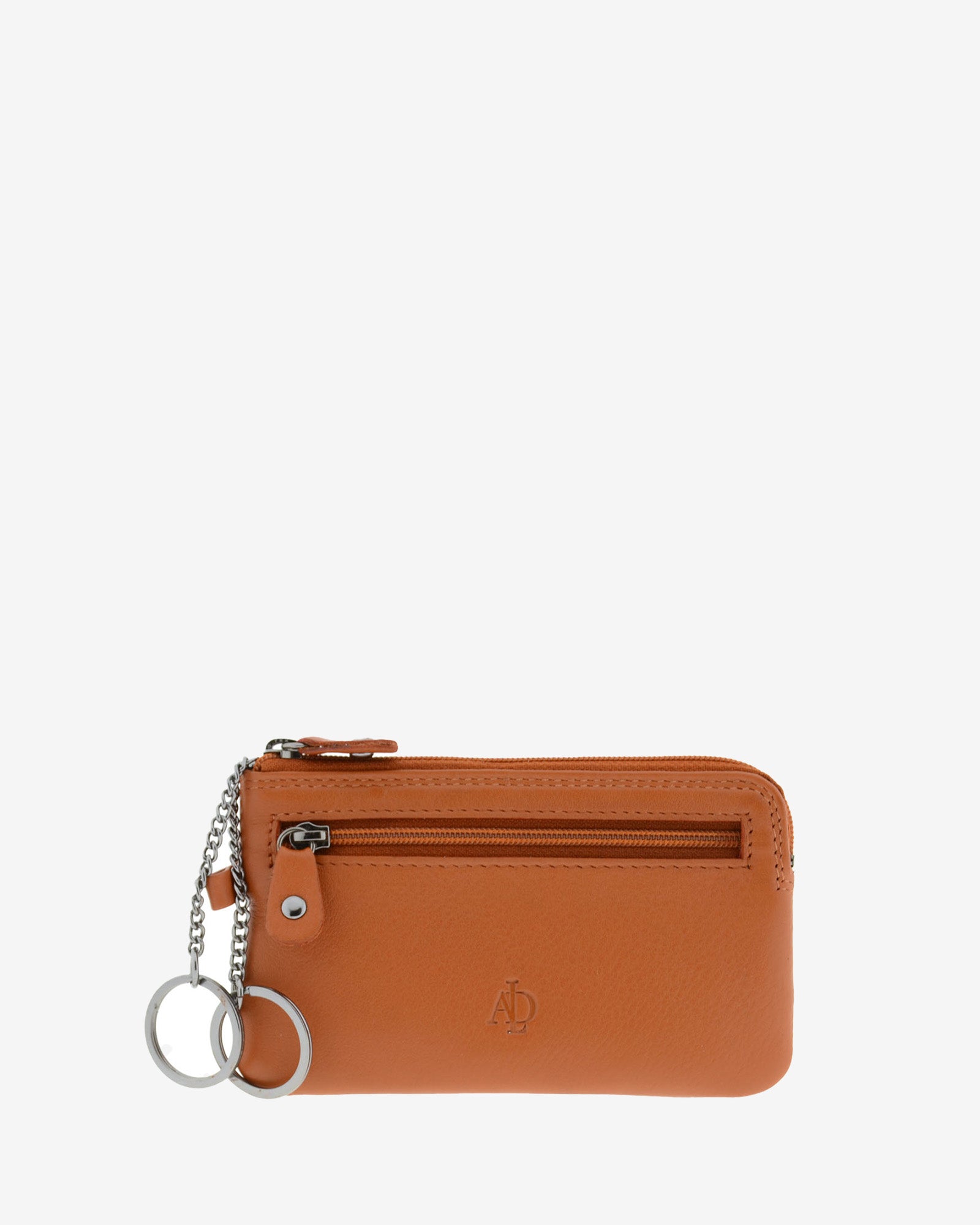 Monedero fino 8079 en color cuero, vista frontal con bolsillo de cremallera y dos anillas para llaves.