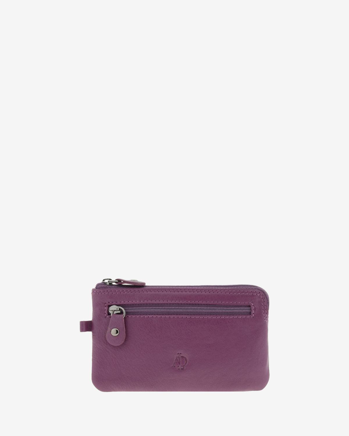 Monedero fino 8079 en color lila, vista frontal con bolsillo exterior de cremallera.