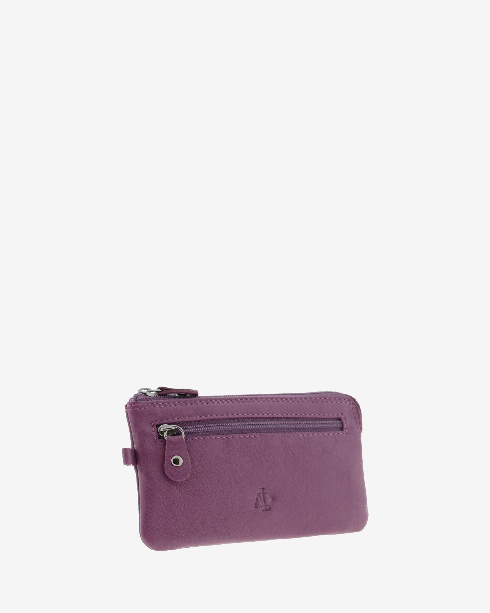 Monedero fino 8079 en color lila, vista tres cuartos frontal con bolsillo exterior de cremallera.
