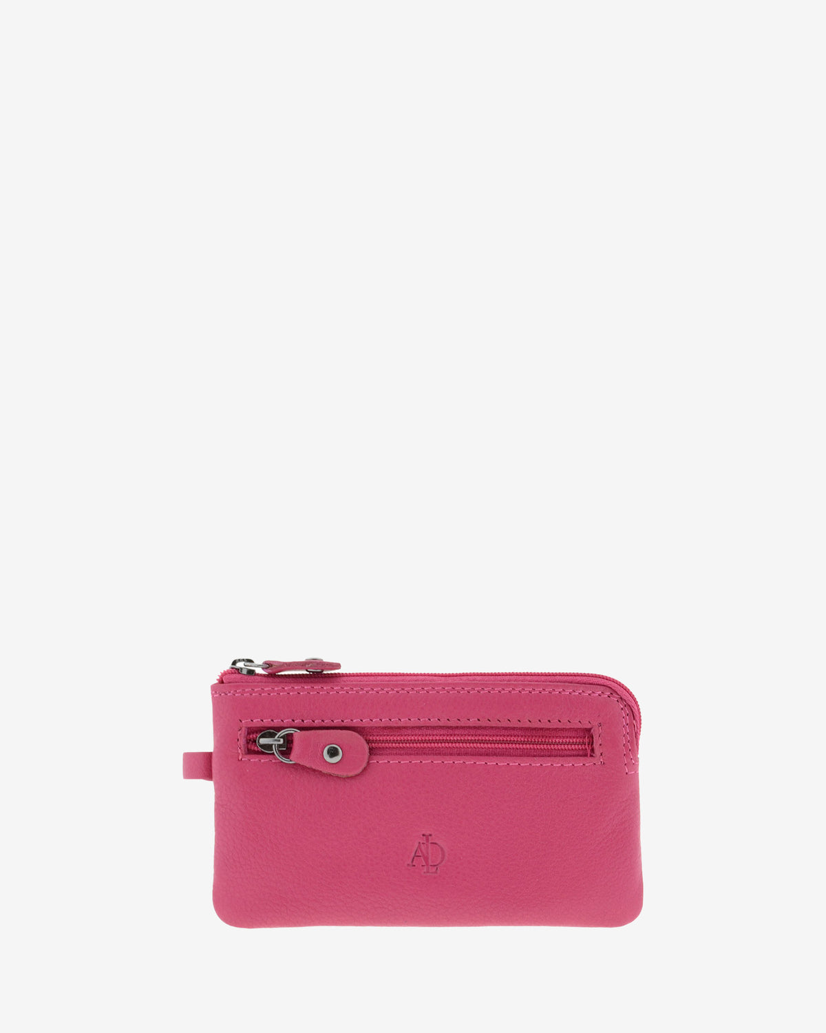 Monedero fino 8079 en color magenta, vista frontal con bolsillo exterior de cremallera.