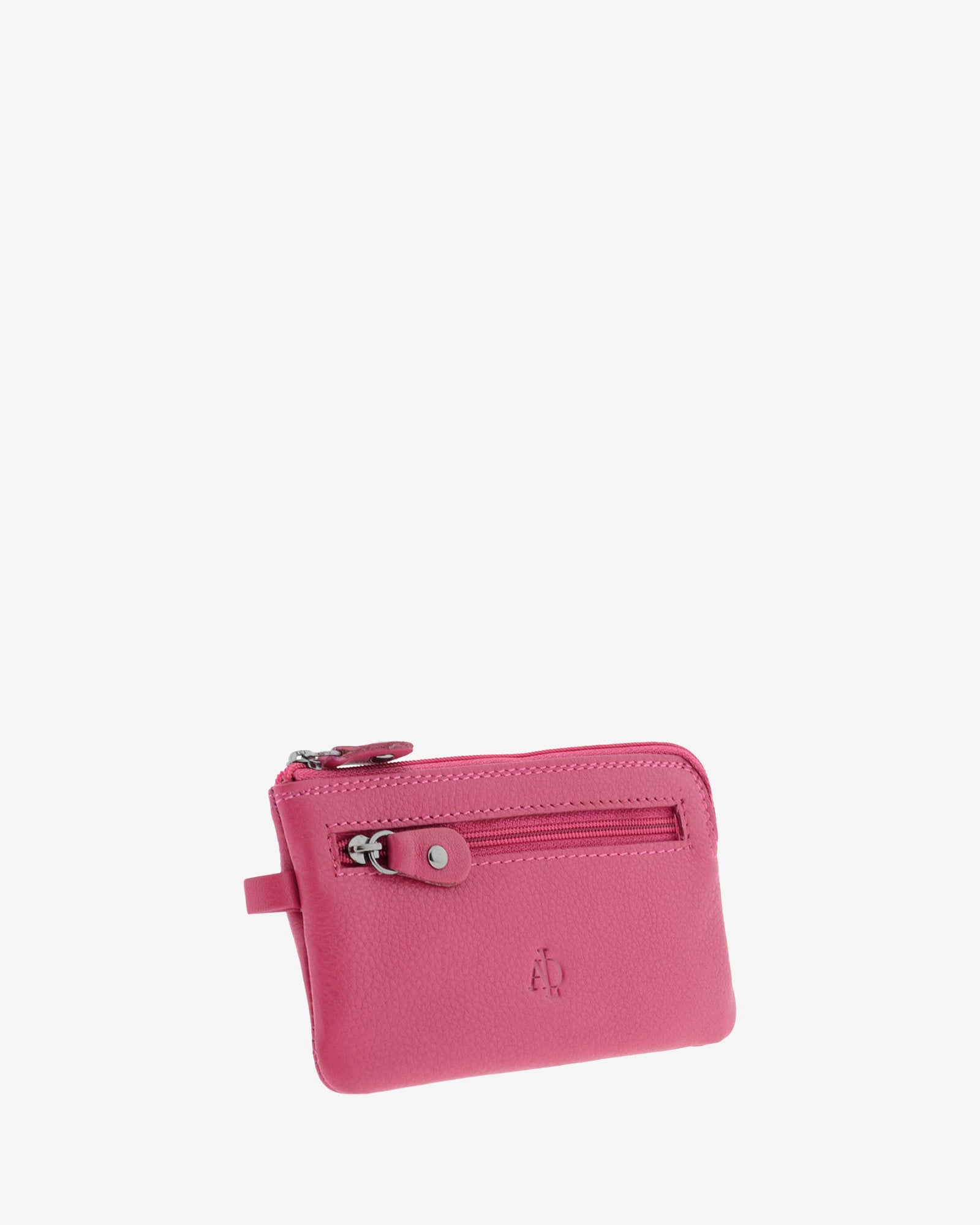 Monedero fino 8079 en color magenta, vista tres cuartos frontal con bolsillo exterior de cremallera.