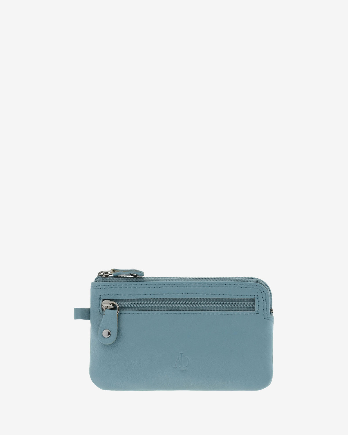 Monedero fino 8079 en color mar, vista frontal con bolsillo exterior de cremallera.