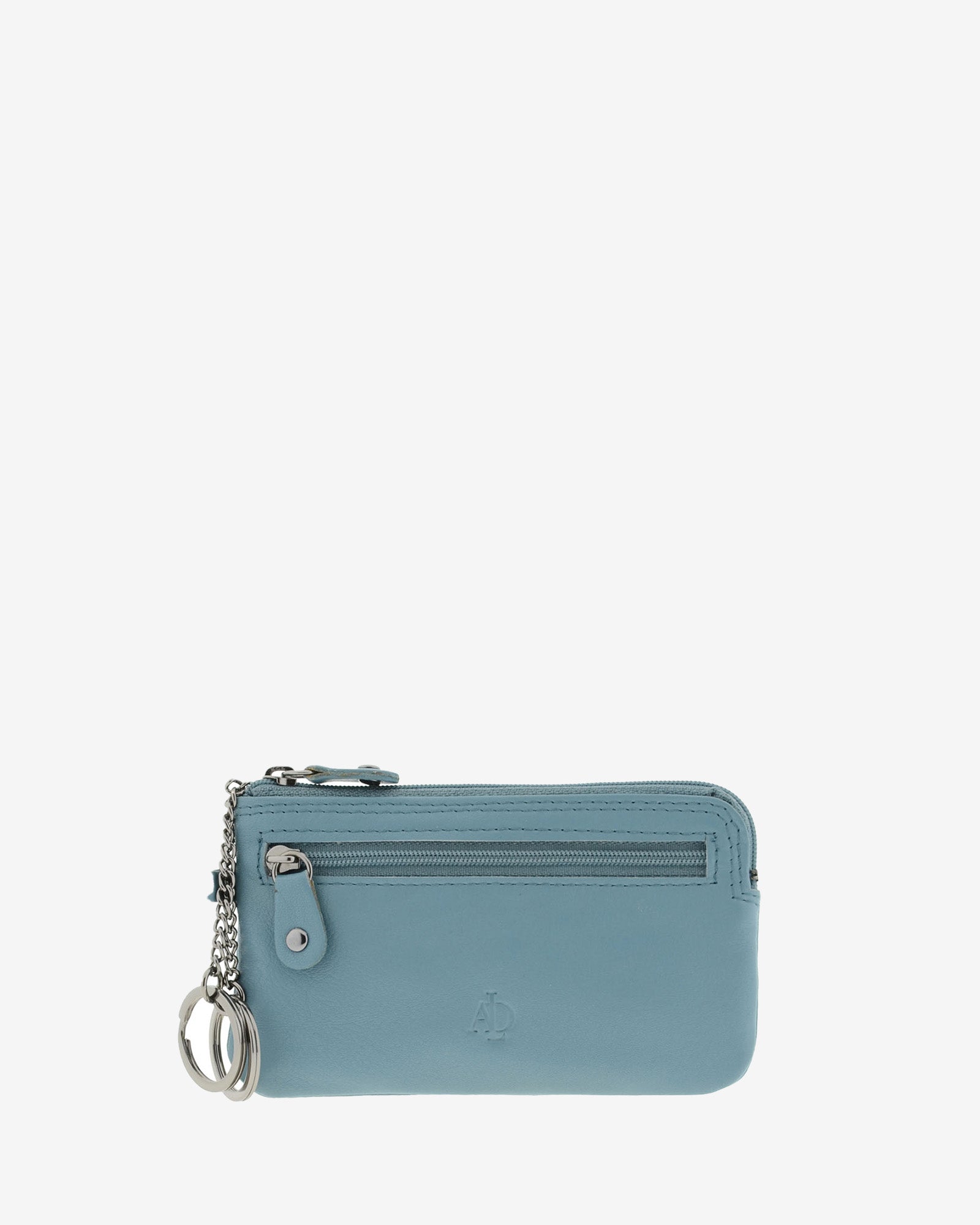 Monedero fino 8079 en color mar, vista frontal con bolsillo de cremallera y dos anillas para llaves.