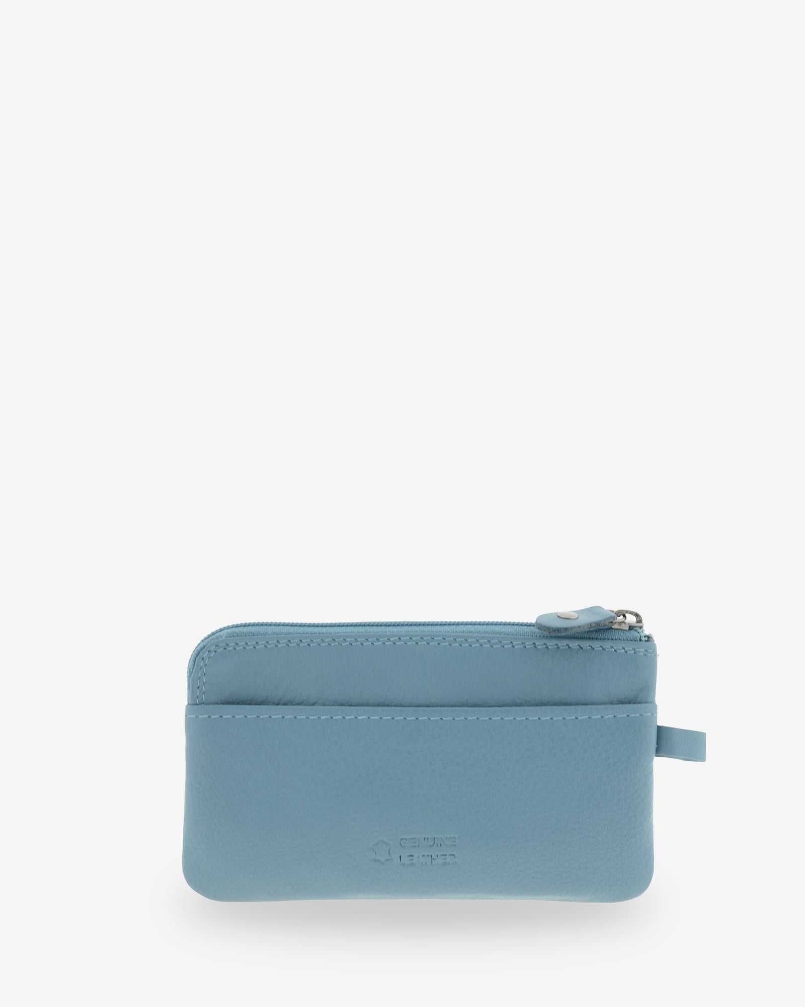 Monedero fino 8079 en color mar, vista posterior con ranura exterior.