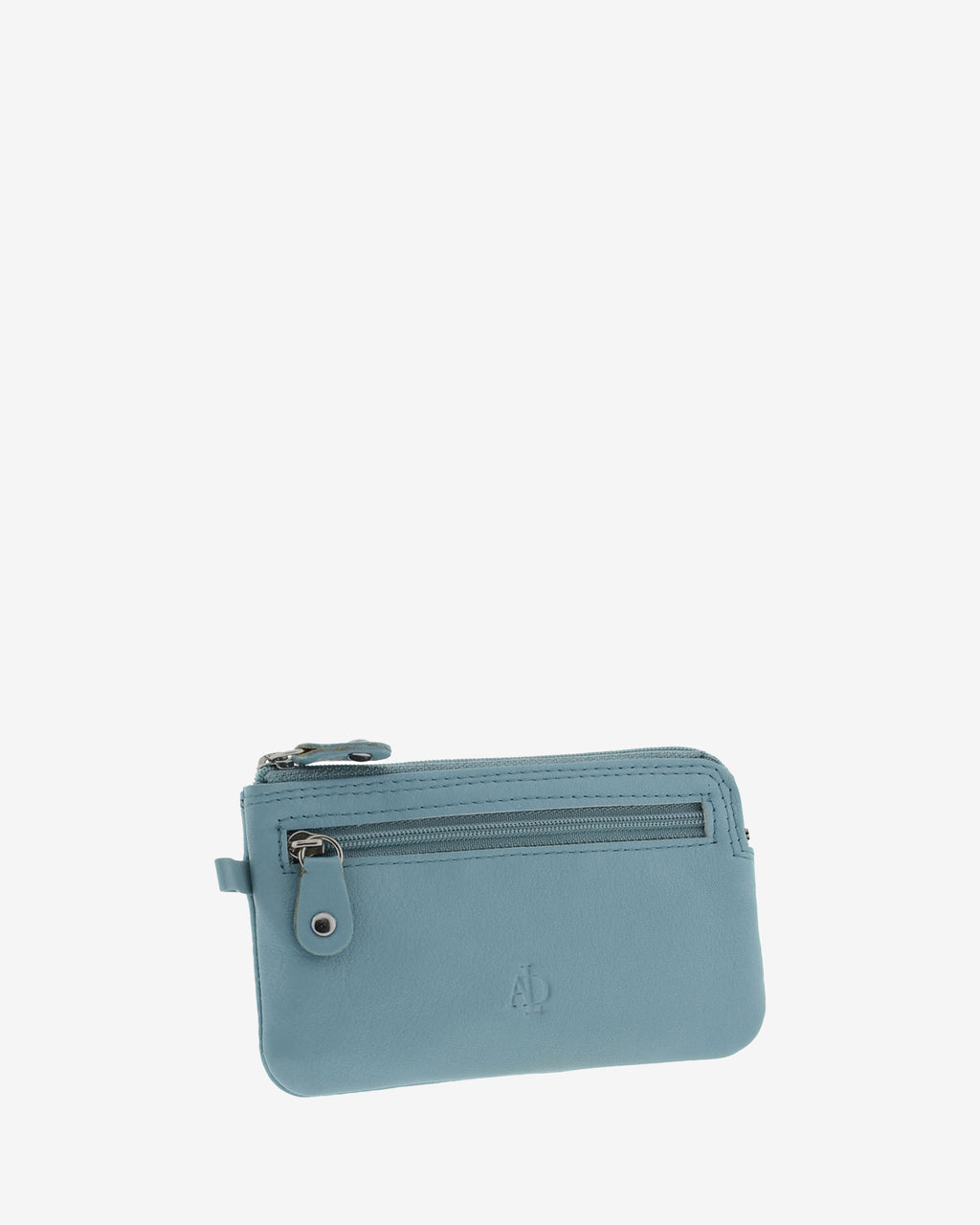 Monedero fino 8079 en color mar, vista tres cuartos frontal con bolsillo exterior de cremallera.
