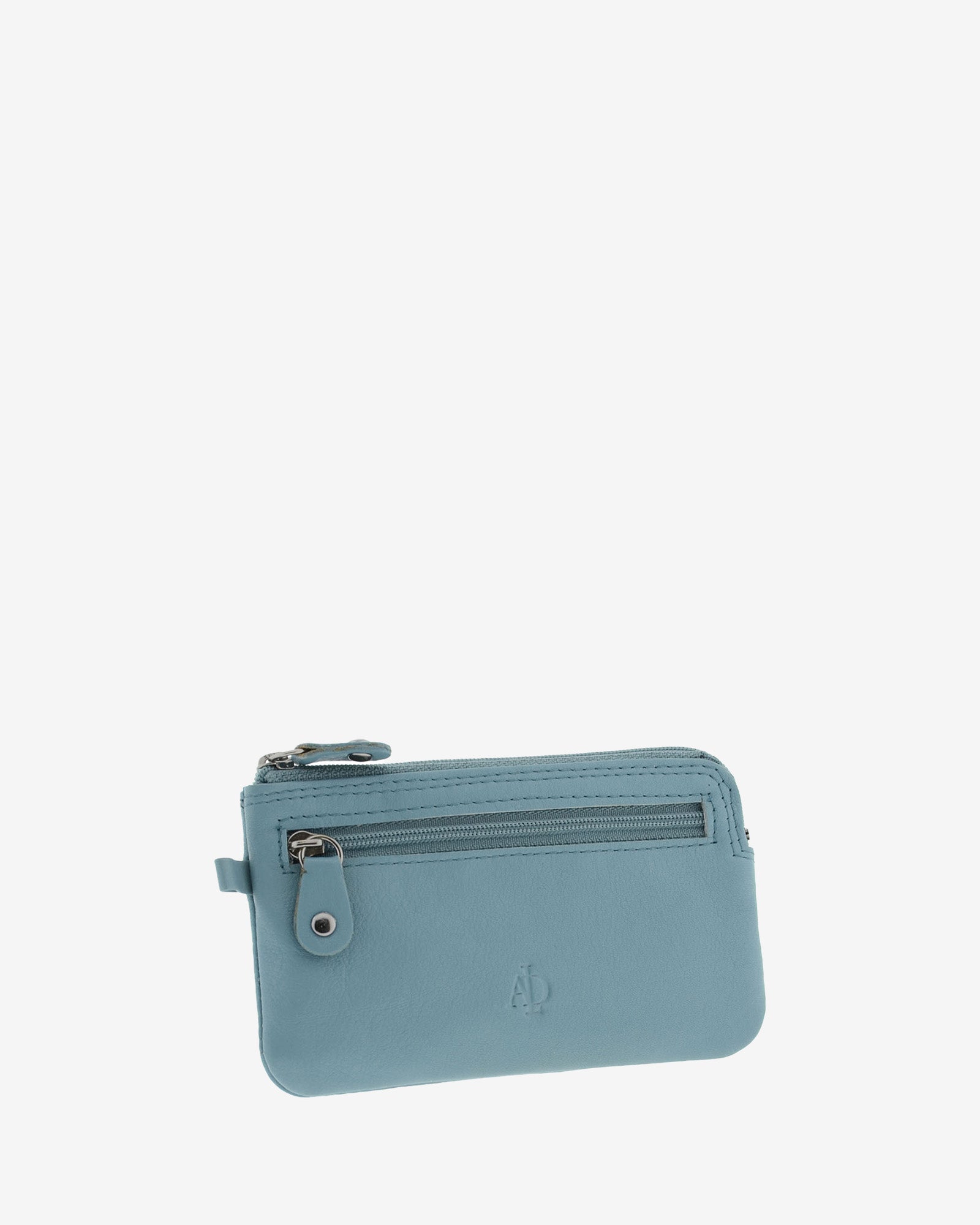 Monedero fino 8079 en color mar, vista tres cuartos frontal con bolsillo exterior de cremallera.