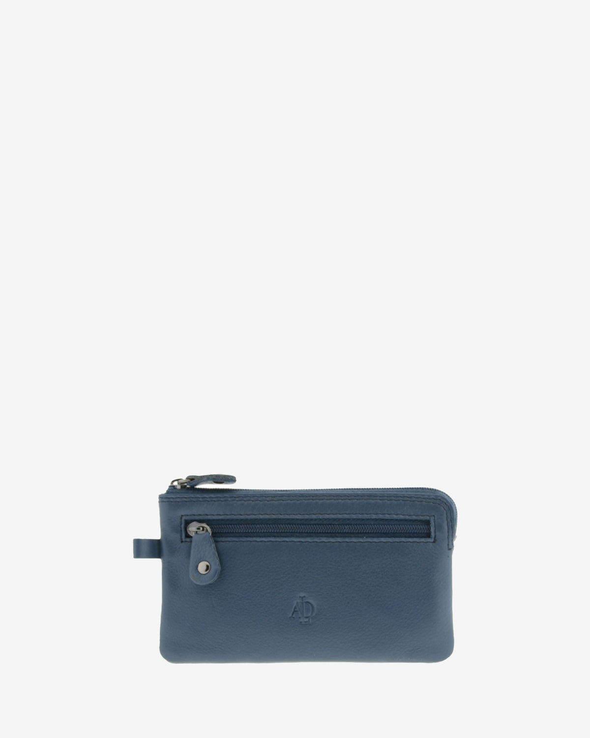Monedero fino 8079 en color marino, vista frontal con bolsillo exterior de cremallera.